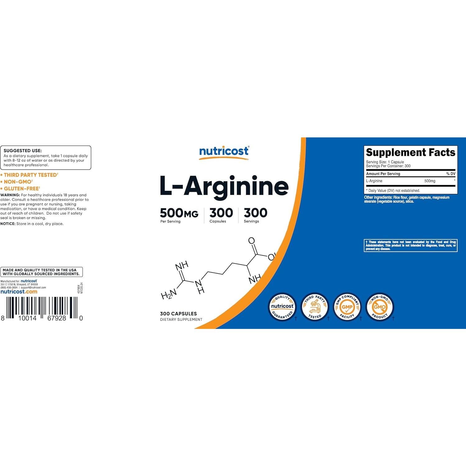 L-Arginina 500mg Nutricost 300 Cápsulas Sin Gluten