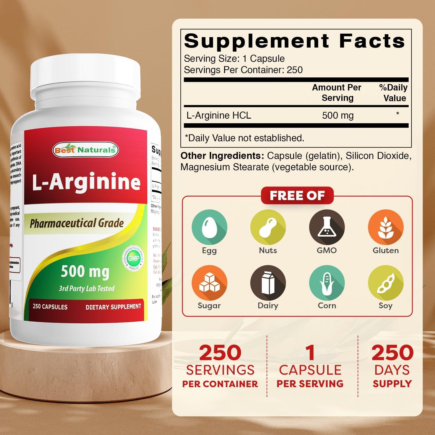 L-Arginina 500mg Mejores Naturales 250 Cápsulas Suplemento