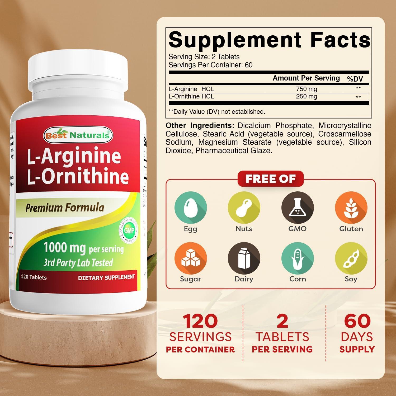 L-Arginina L-Ornitina 1000mg Mejores Naturales 120 tabletas