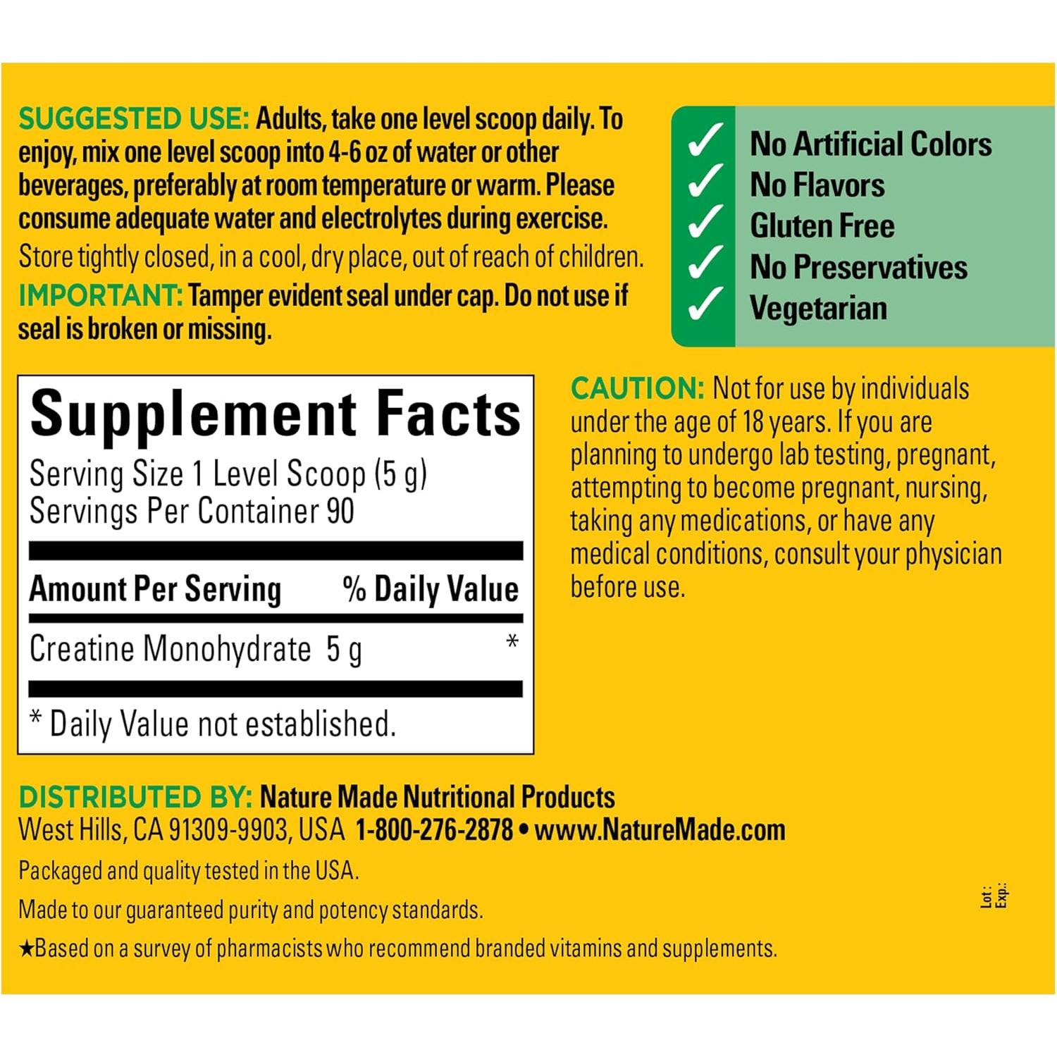 Creatina Monohidratada Micronizada Nature Made 450 g - Soporte Muscular