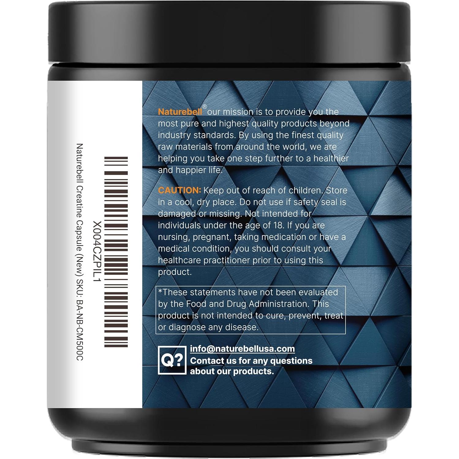 Cápsulas de Creatina Monohidrato NatureBell 5000mg 500 Unidades