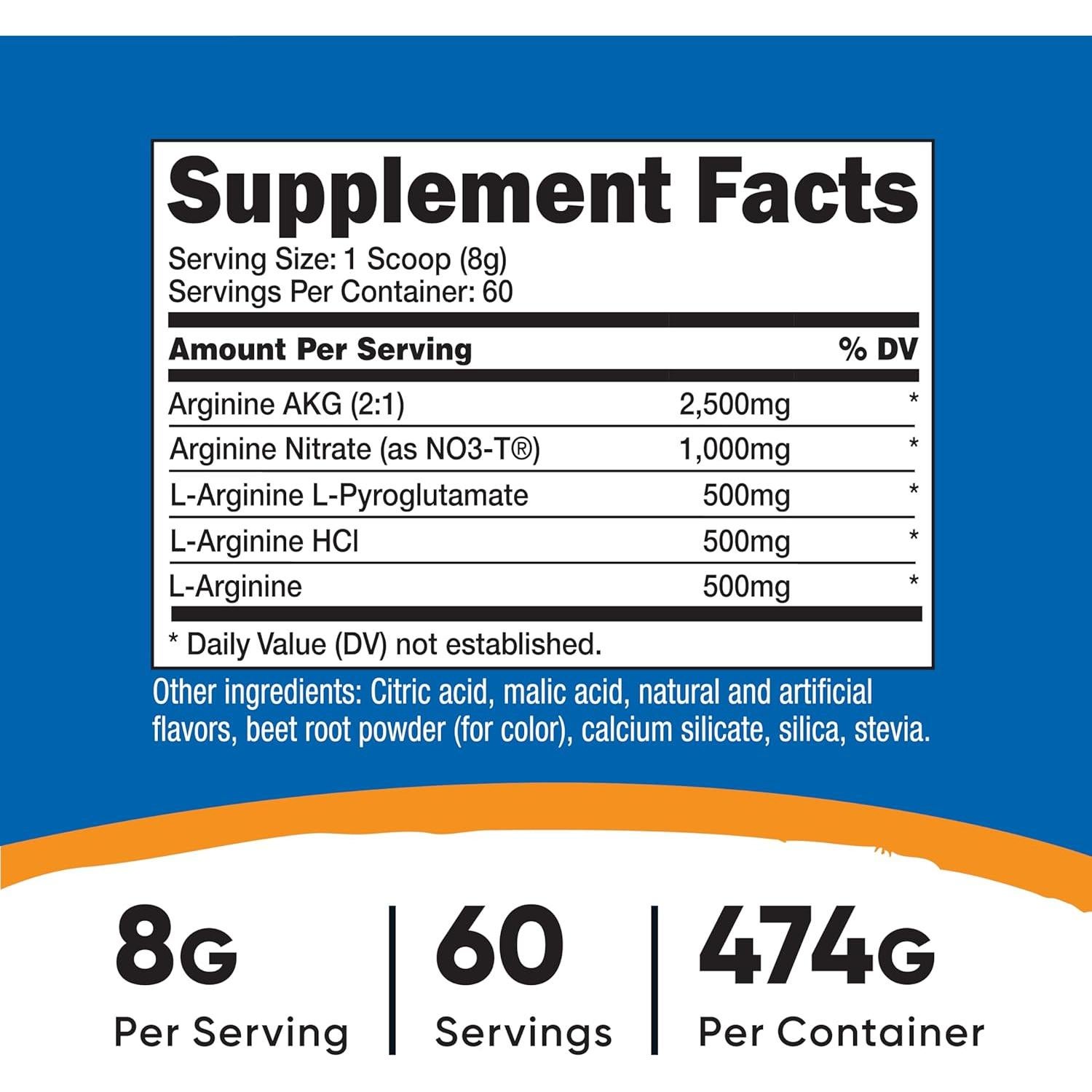 Complejo L-Arginina Nutricost Punch de Frutas 60 Porciones 0.59kg