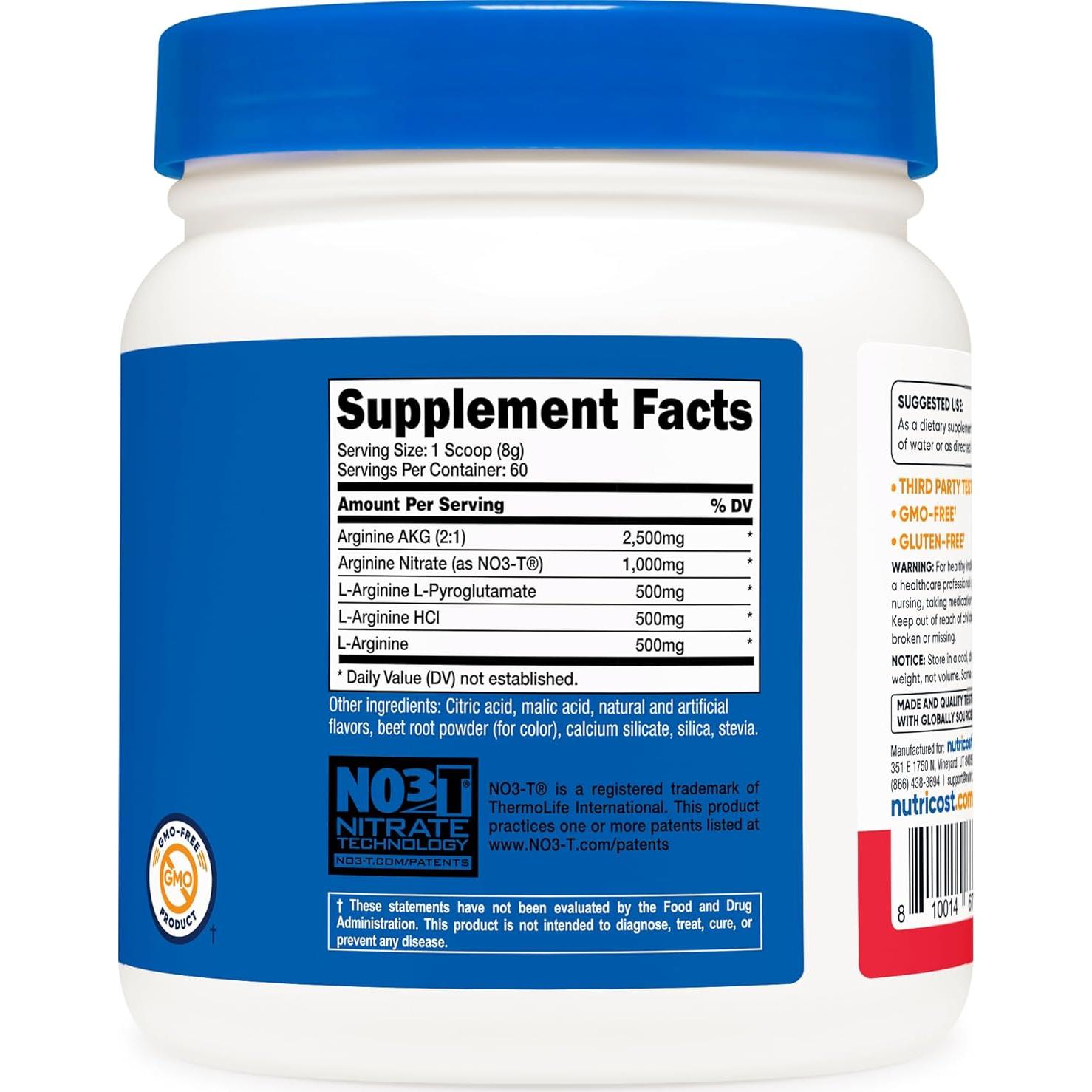 Complejo L-Arginina Nutricost Punch de Frutas 60 Porciones 0.59kg