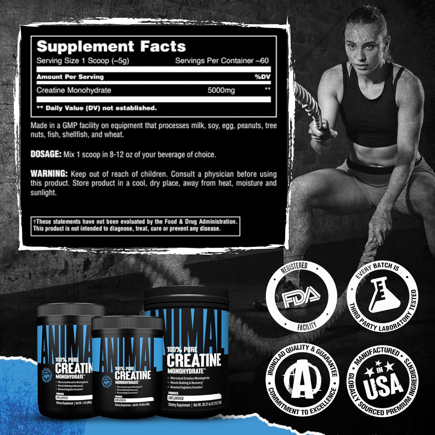 Creatina Monohidratada Animal 300g - Sin Sabor, Aumenta Fuerza