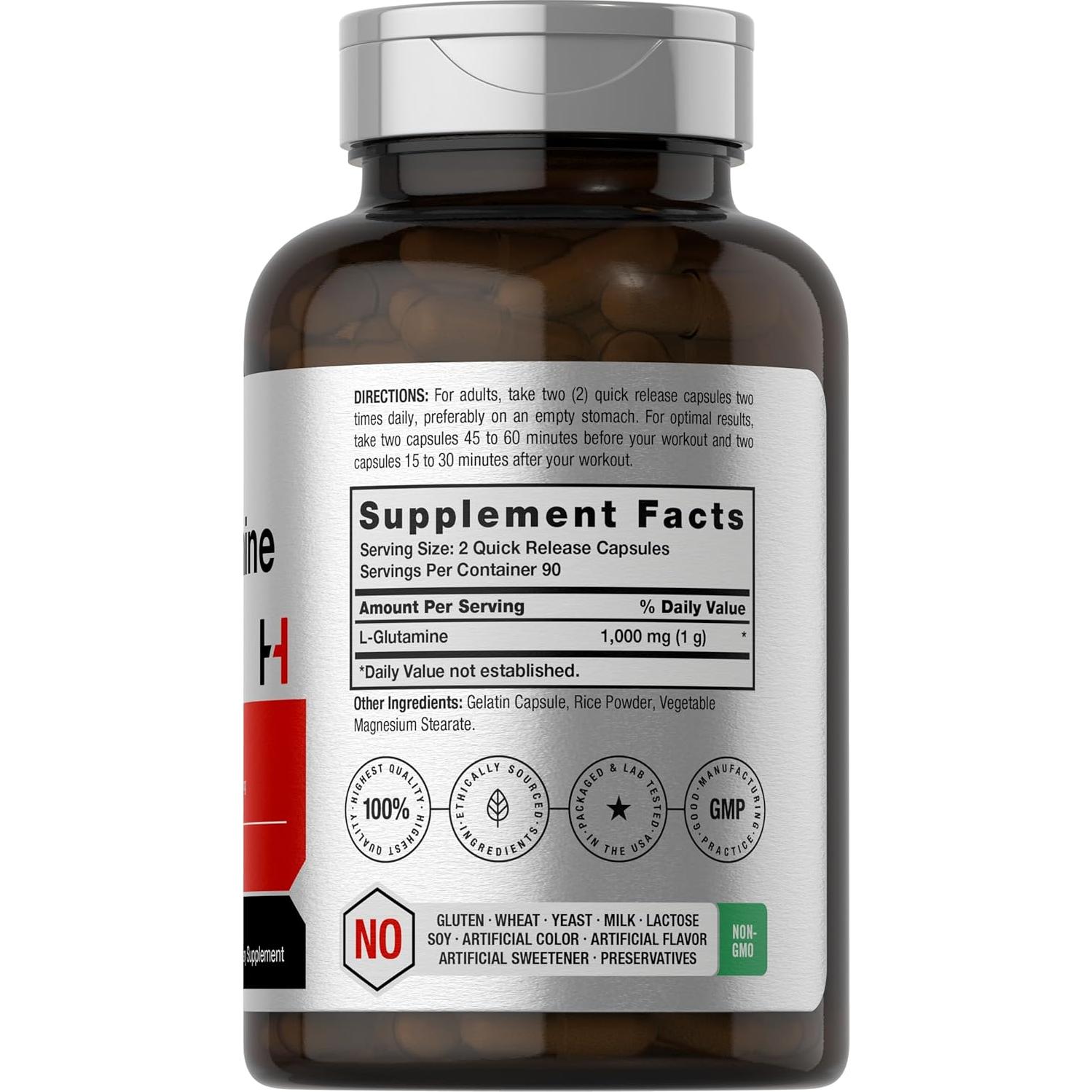 L-Glutamina Horbaach 1000mg 180 Cápsulas Suplemento Deportivo