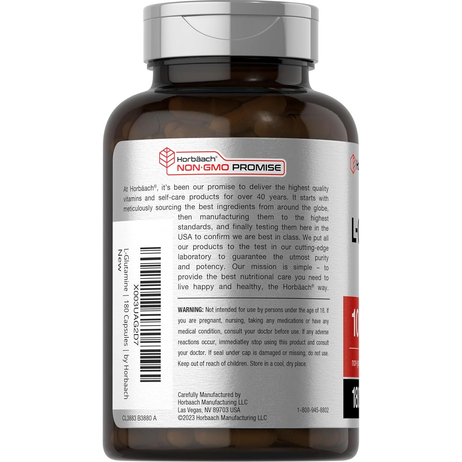 L-Glutamina Horbaach 1000mg 180 Cápsulas Suplemento Deportivo