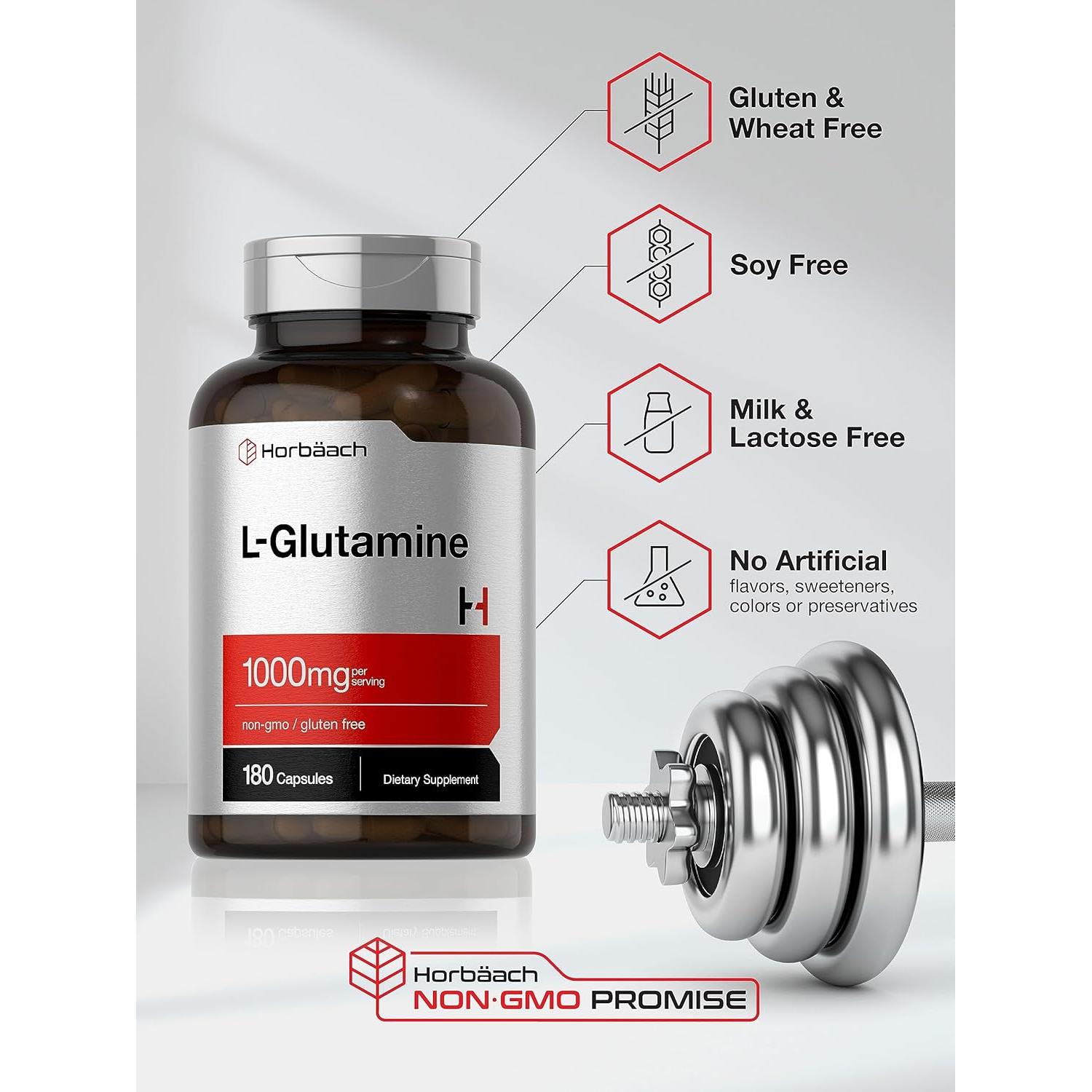 L-Glutamina Horbaach 1000mg 180 Cápsulas Suplemento Deportivo