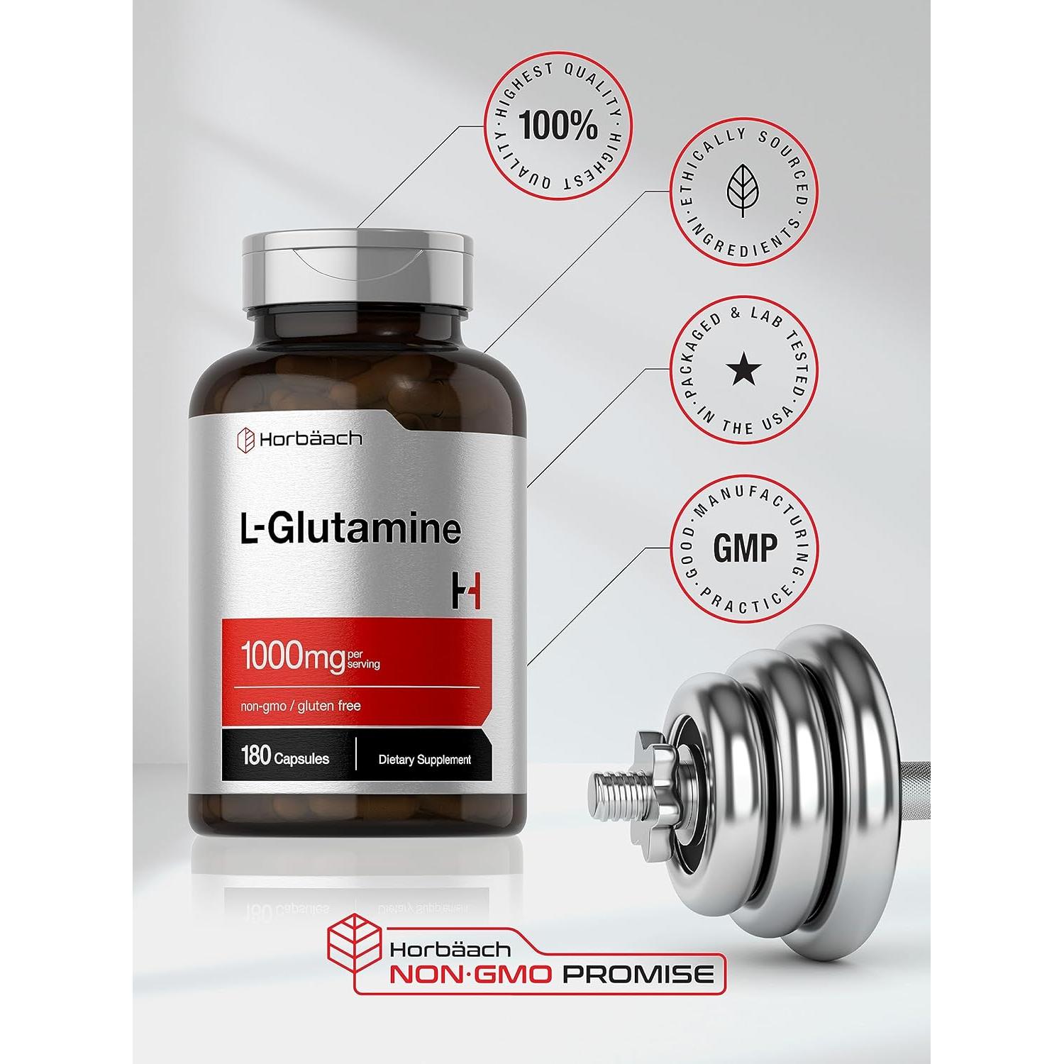 L-Glutamina Horbaach 1000mg 180 Cápsulas Suplemento Deportivo