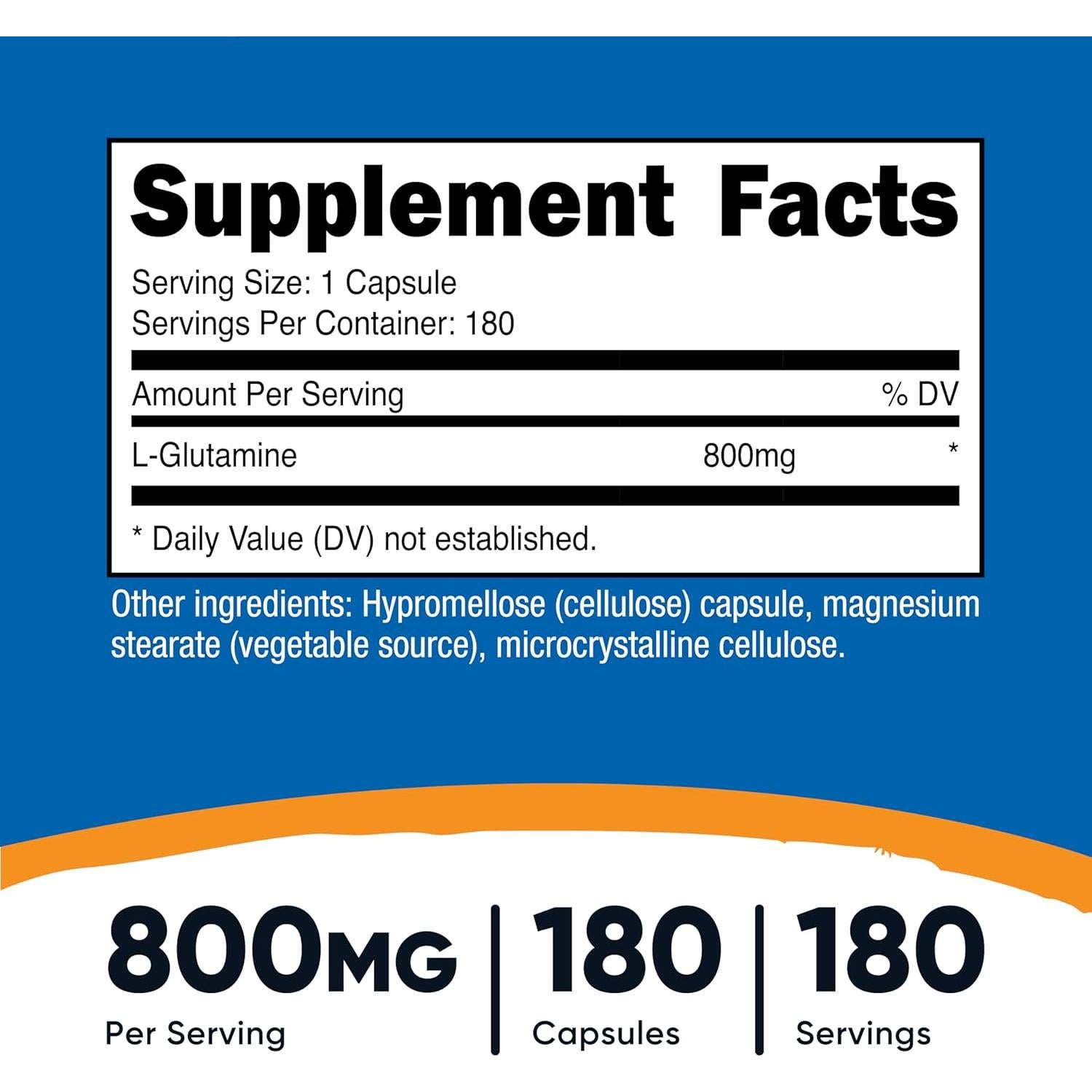 Suplemento L-Glutamina Nutricost 800mg 180 Cápsulas Sin Gluten