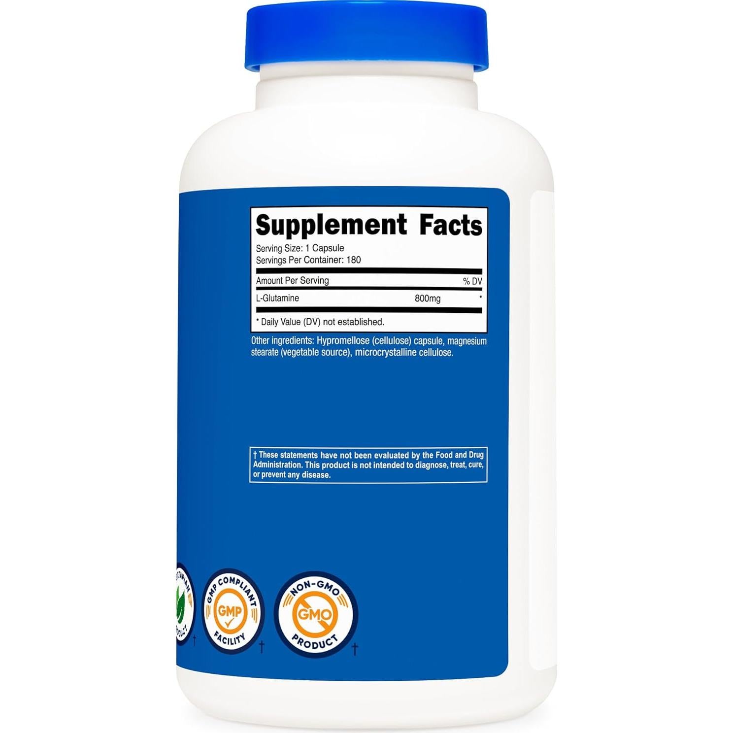 Suplemento L-Glutamina Nutricost 800mg 180 Cápsulas Sin Gluten