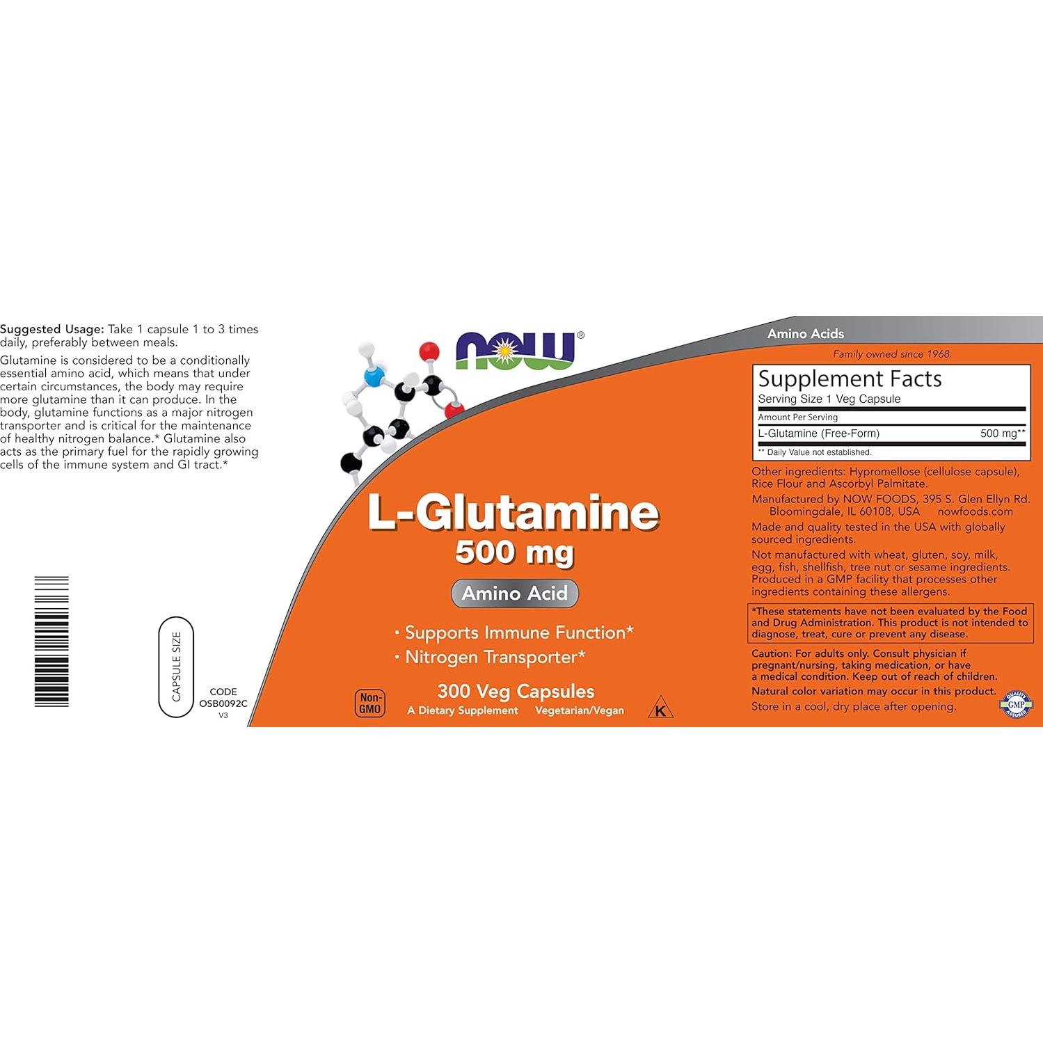 Now L-Glutamina 500mg 300 Cápsulas Veganas - Suplemento No-OGM