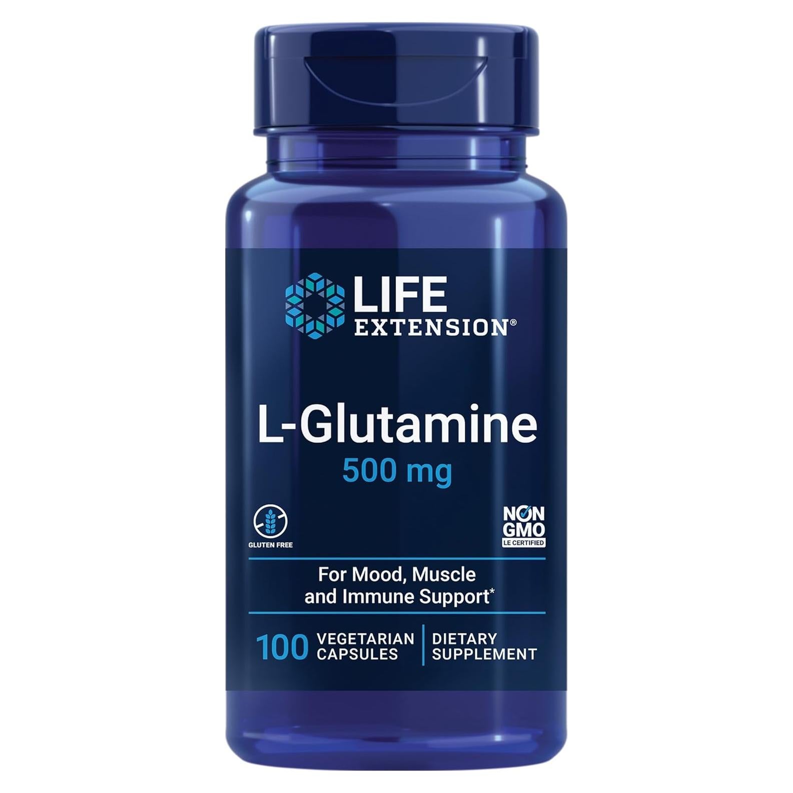 L-Glutamina Life Extension 500 mg 100 Cápsulas Vegetarianas