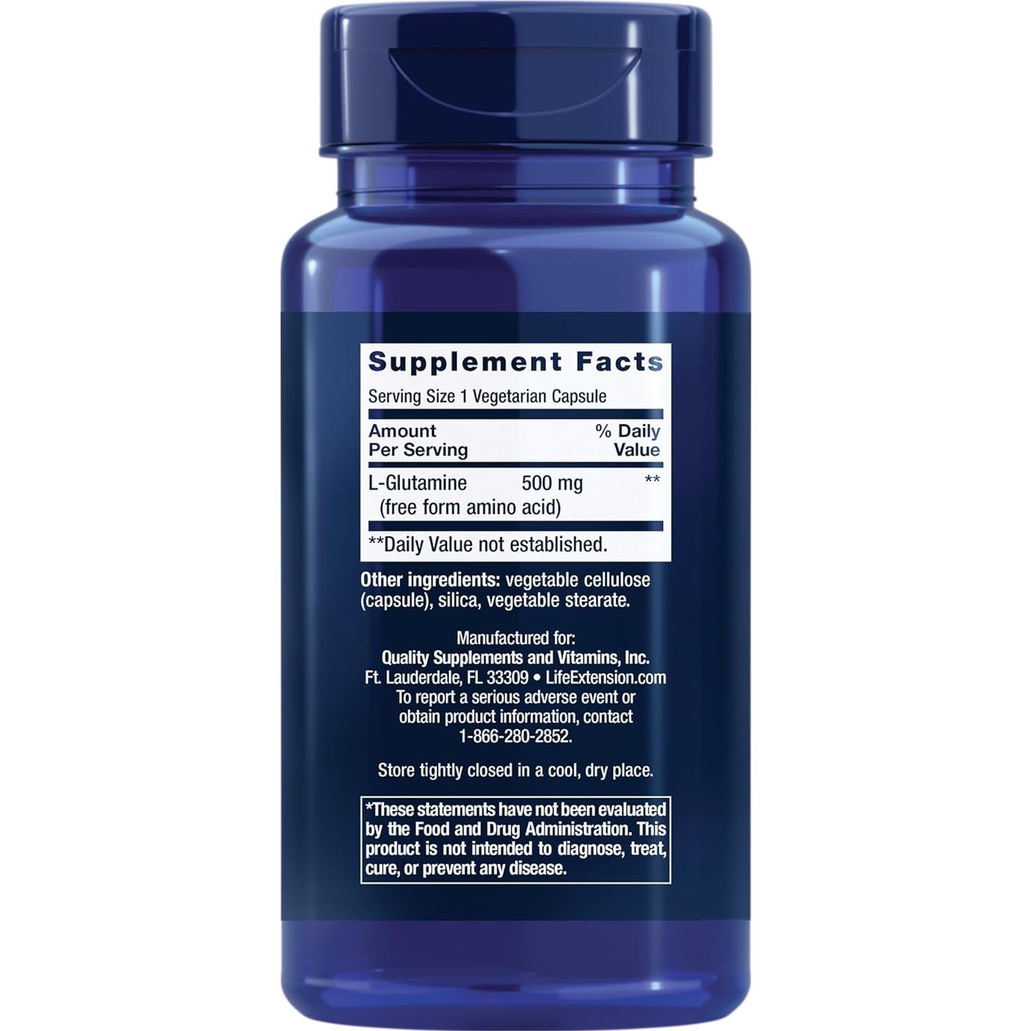 L-Glutamina Life Extension 500 mg 100 Cápsulas Vegetarianas