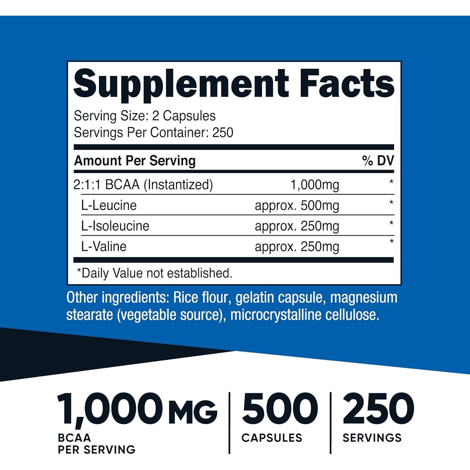 BCAA Nutricost 1000mg 500 Cápsulas 2:1:1 Aminoácidos