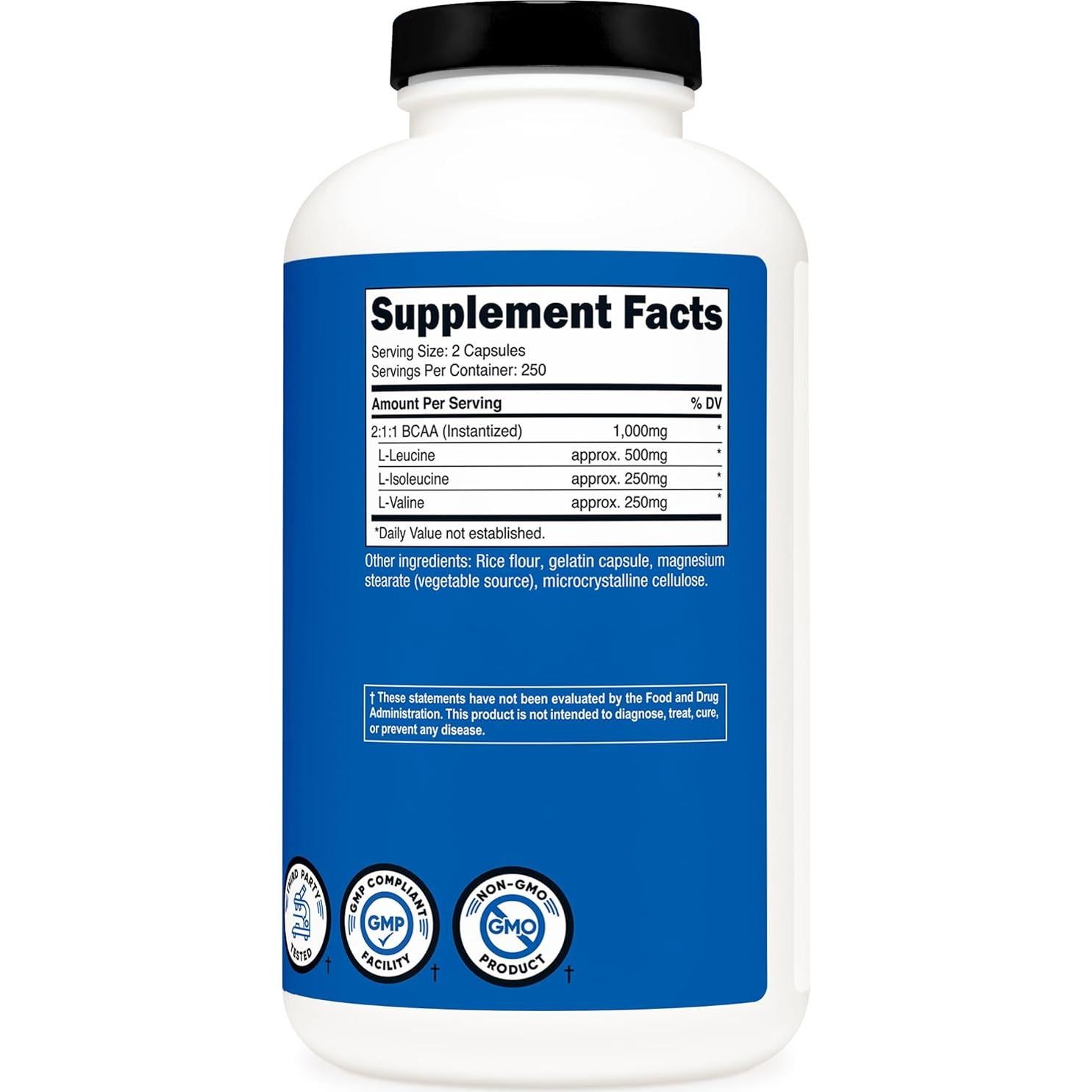 BCAA Nutricost 1000mg 500 Cápsulas 2:1:1 Aminoácidos