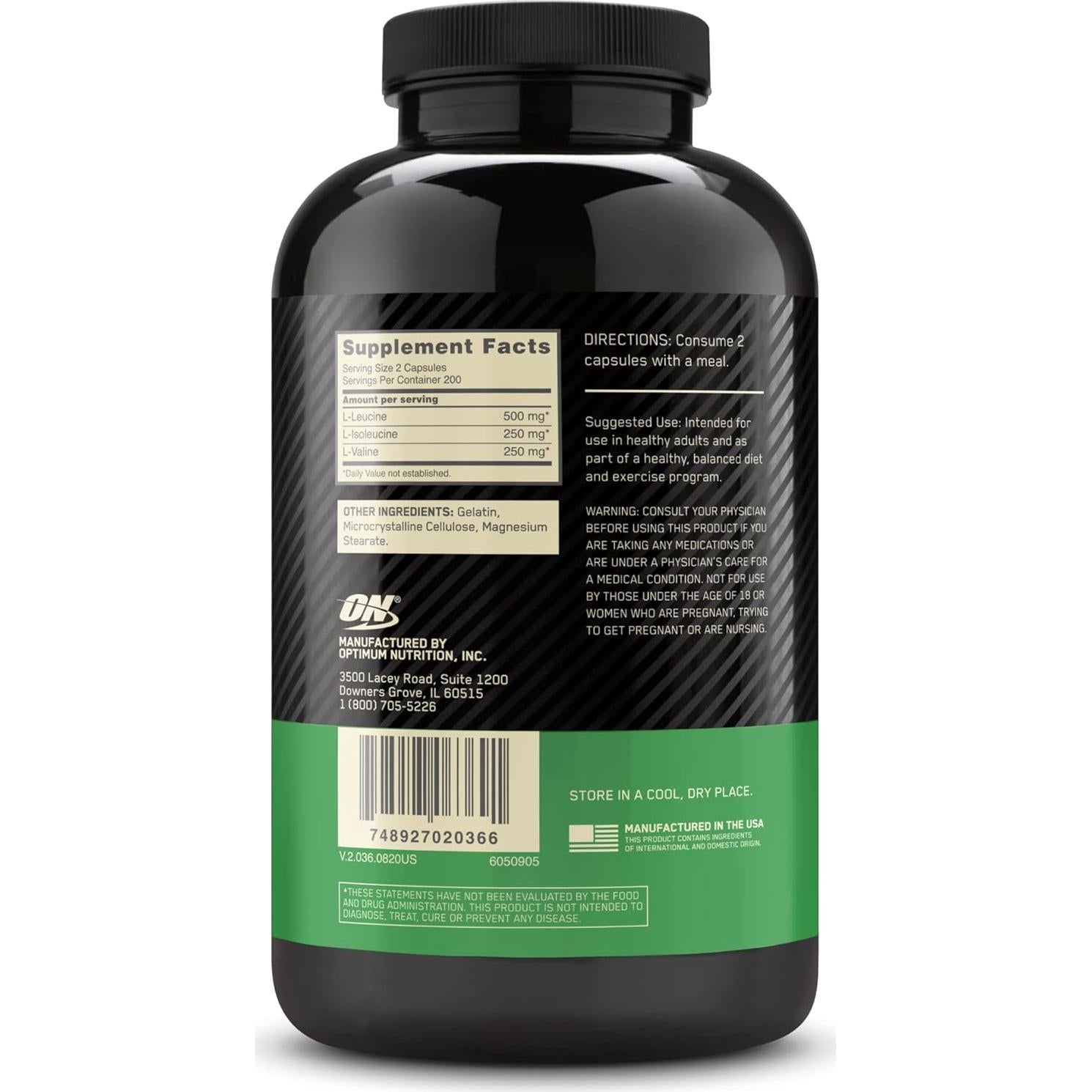 Cápsulas BCAA 1000mg Optimum Nutrition, 400 Cápsulas