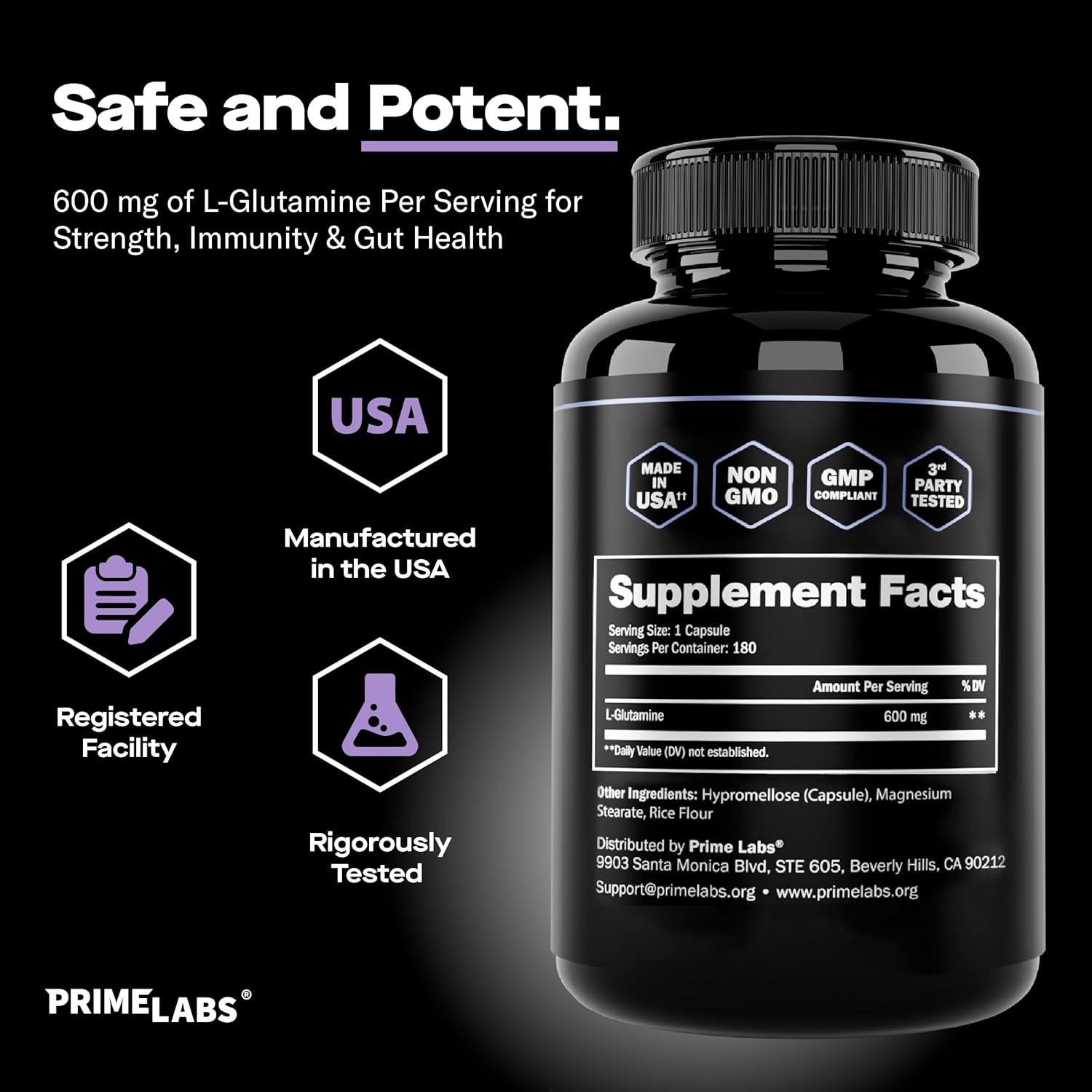 Cápsulas L-Glutamina Prime Labs 600mg - Recuperación Muscular