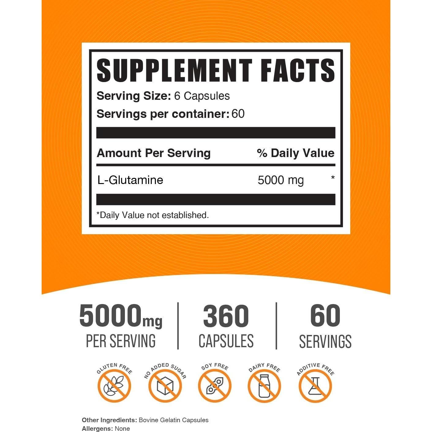 Cápsulas de L-Glutamina BulkSupplements 5000mg 360 Unidades
