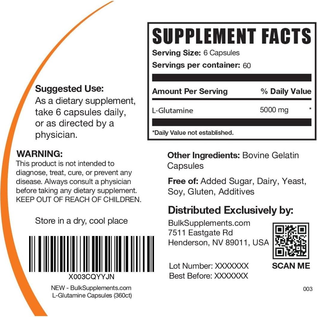 Cápsulas de L-Glutamina BulkSupplements 5000mg 360 Unidades