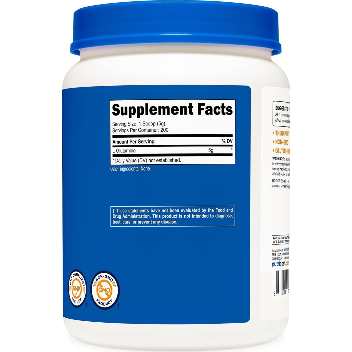 Nutricost L-Glutamina Polvo 1 KG - Sin Sabor, No OGM, Sin Gluten