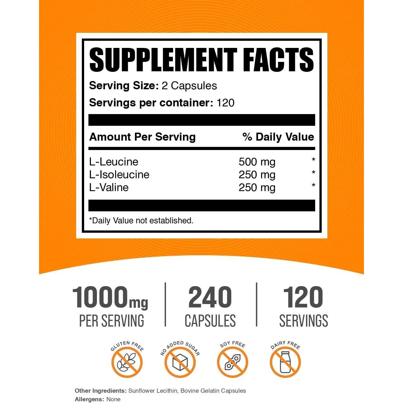 Cápsulas BCAA 2:1:1 BulkSupplements.com - 240 Unidades