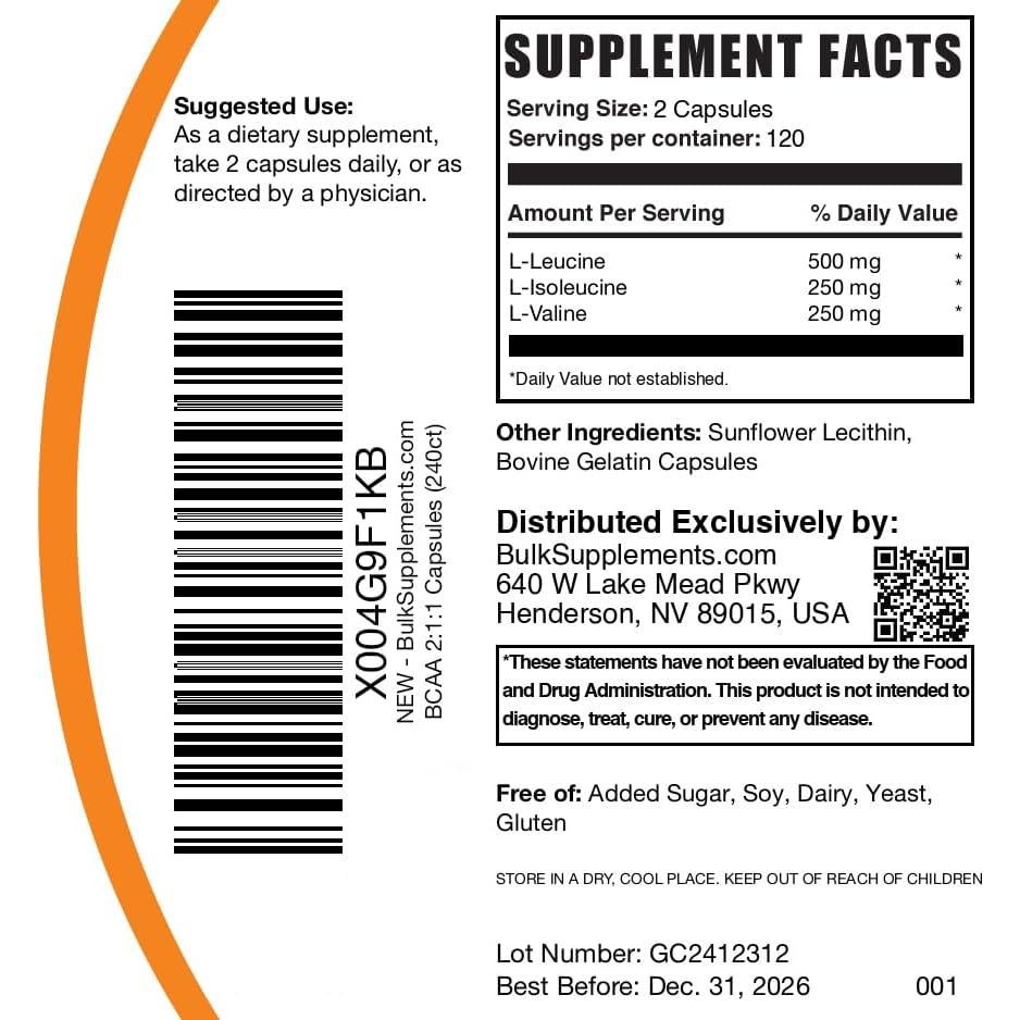 Cápsulas BCAA 2:1:1 BulkSupplements.com - 240 Unidades