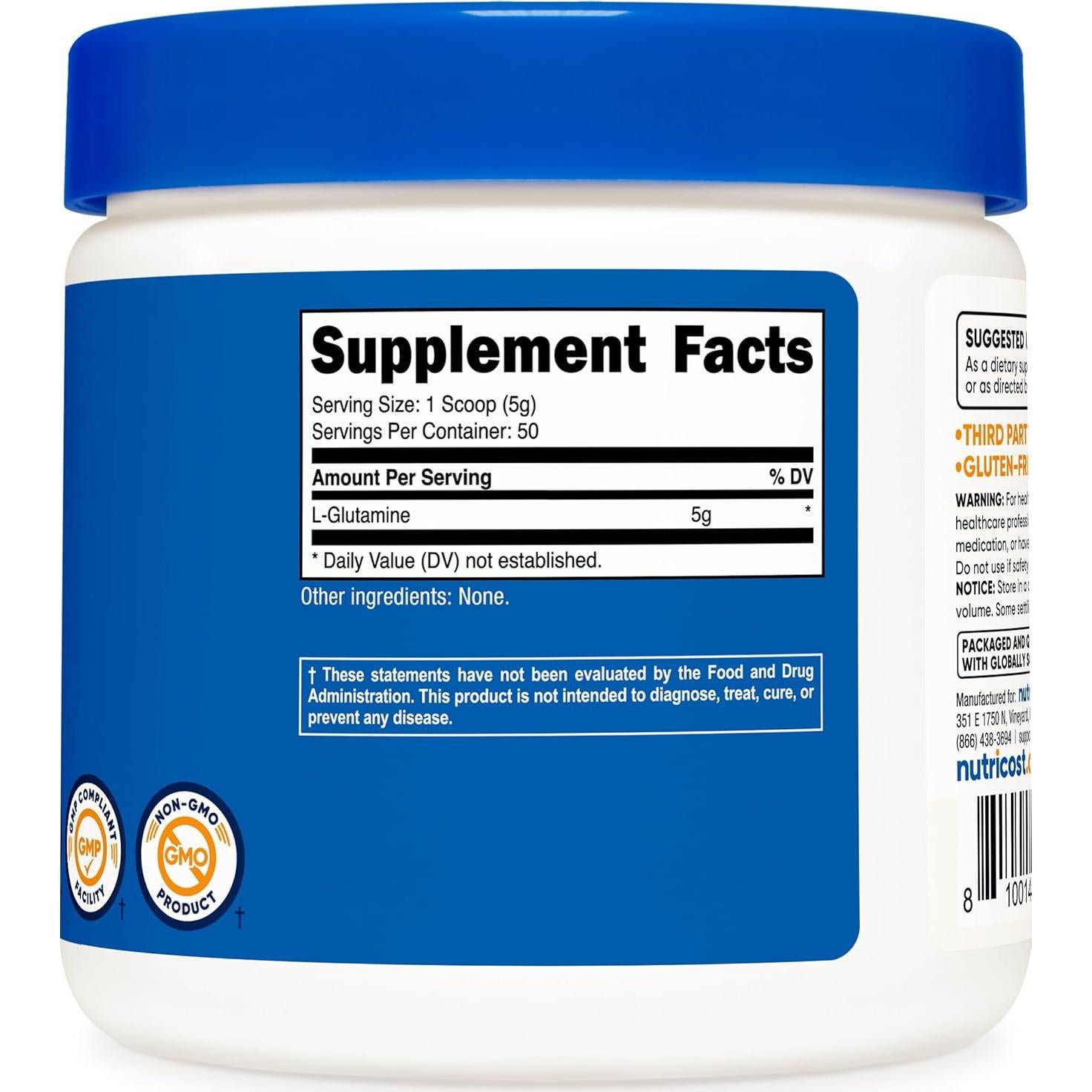 L-Glutamina en Polvo Nutricost 250g Vegano Sin Sabor