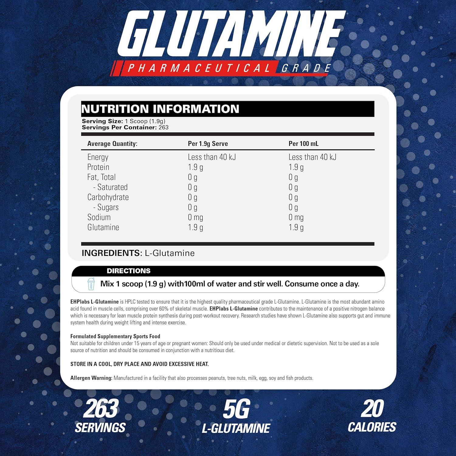 EHP Labs L-Glutamina 500g - Aminoácidos para Recuperación y Salud