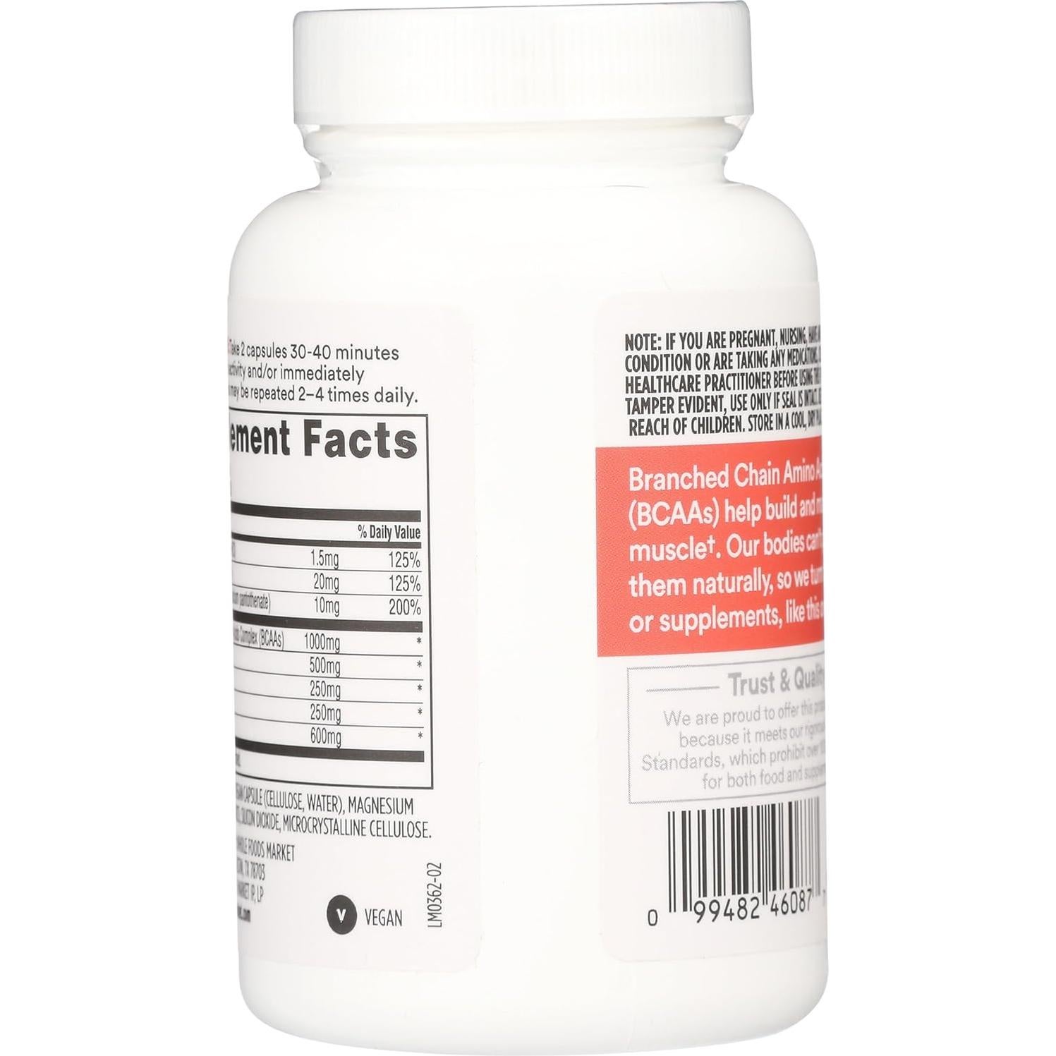 Suplemento BCAA Whole Foods Market 60 Cápsulas Veganas