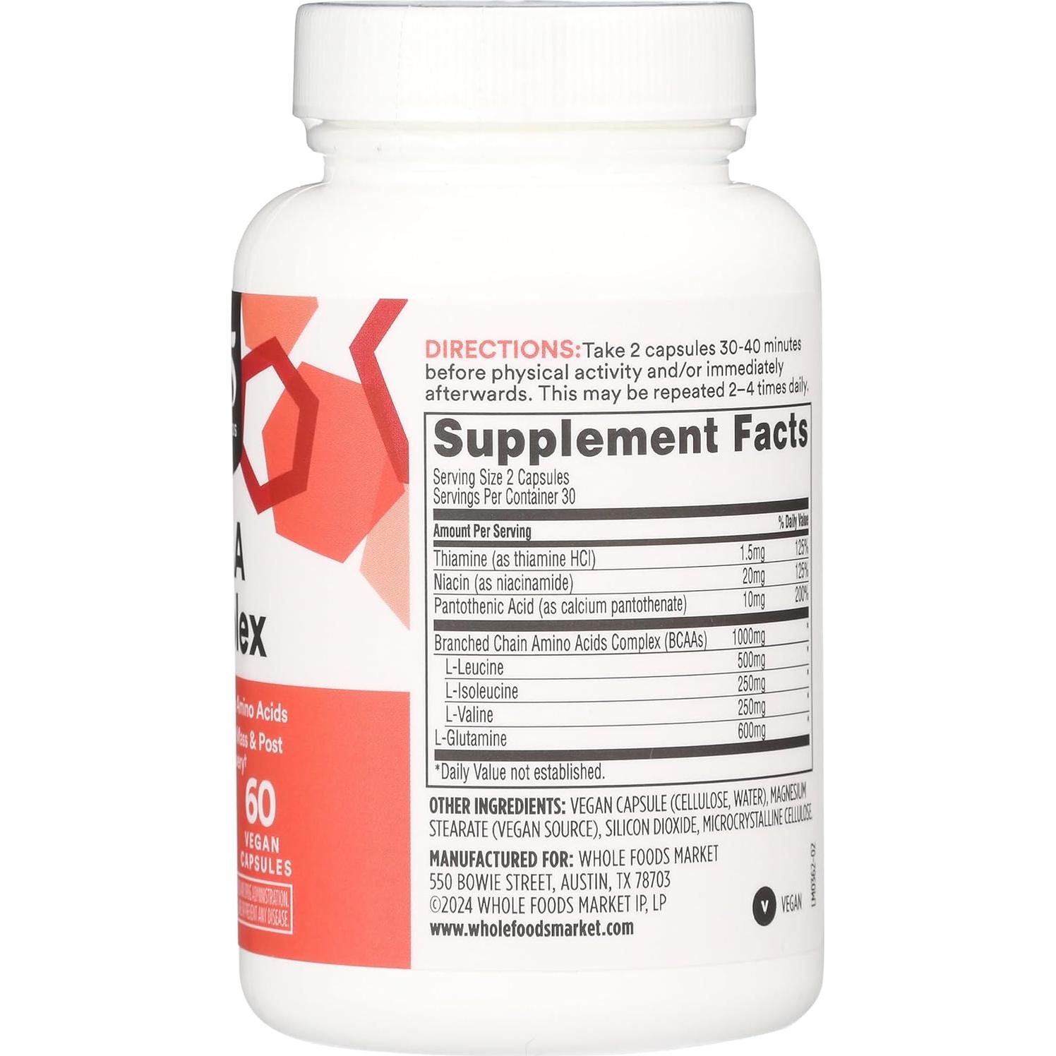 Suplemento BCAA Whole Foods Market 60 Cápsulas Veganas