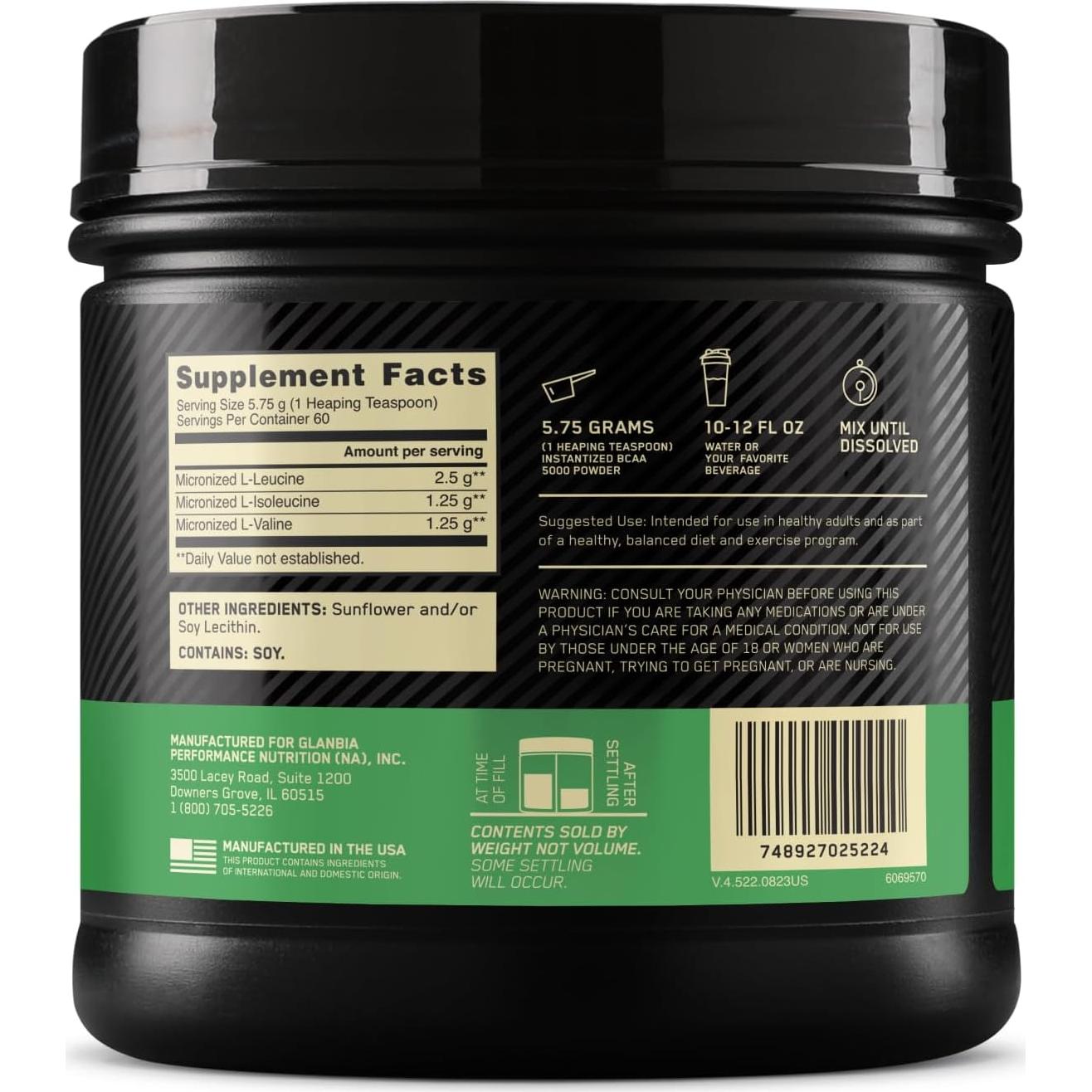 Polvo BCAA Instantáneo Optimum Nutrition 345g Sin Sabor