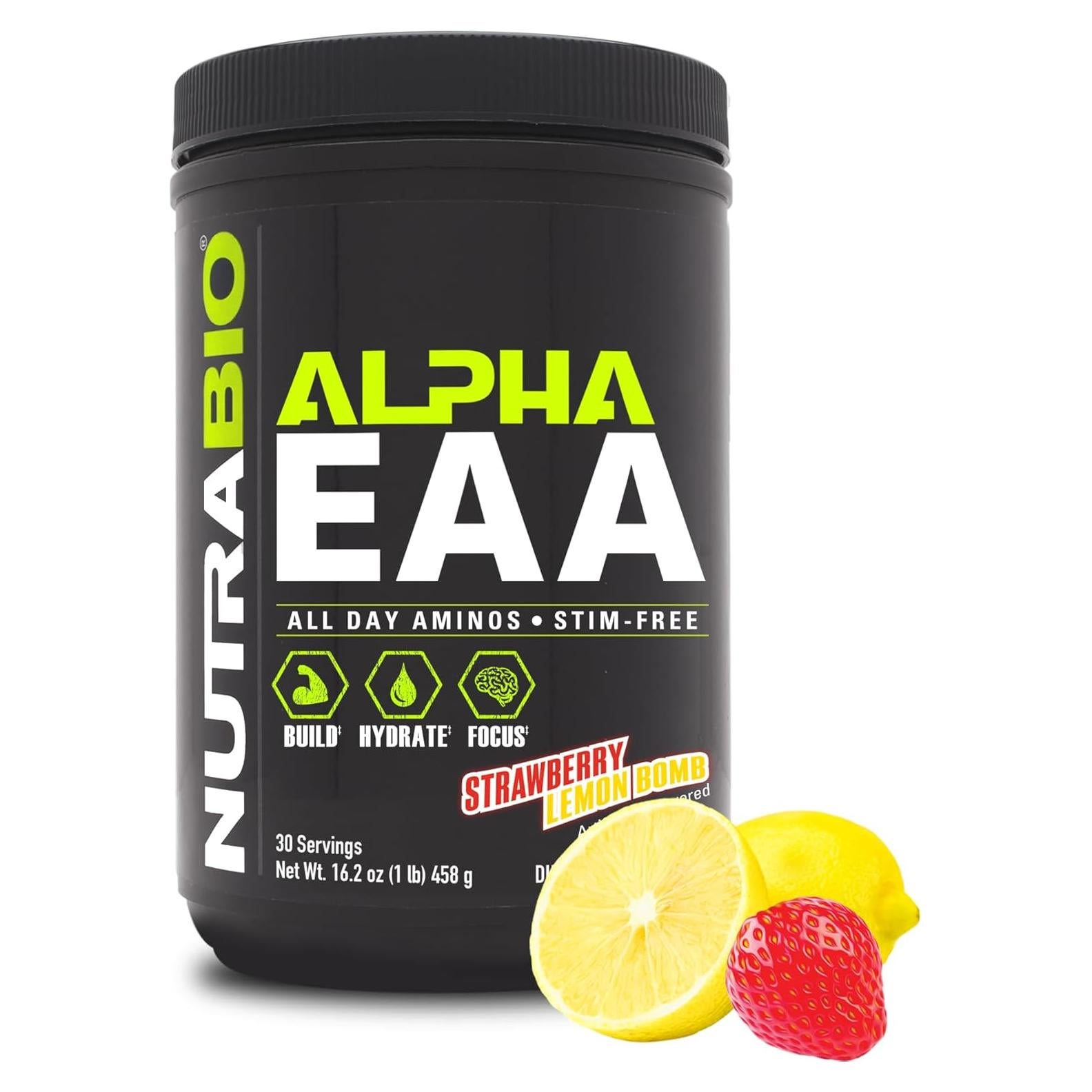 NutraBio Alpha EAA - Aminoácidos Esenciales 30 Porciones Limón Fresa