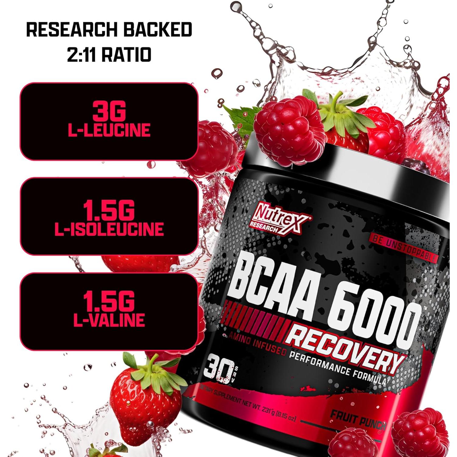 Nutrex Research BCAA 6000 - 6g Aminoácidos para Recuperación - Sabor Fruta Punch - 30 Porciones
