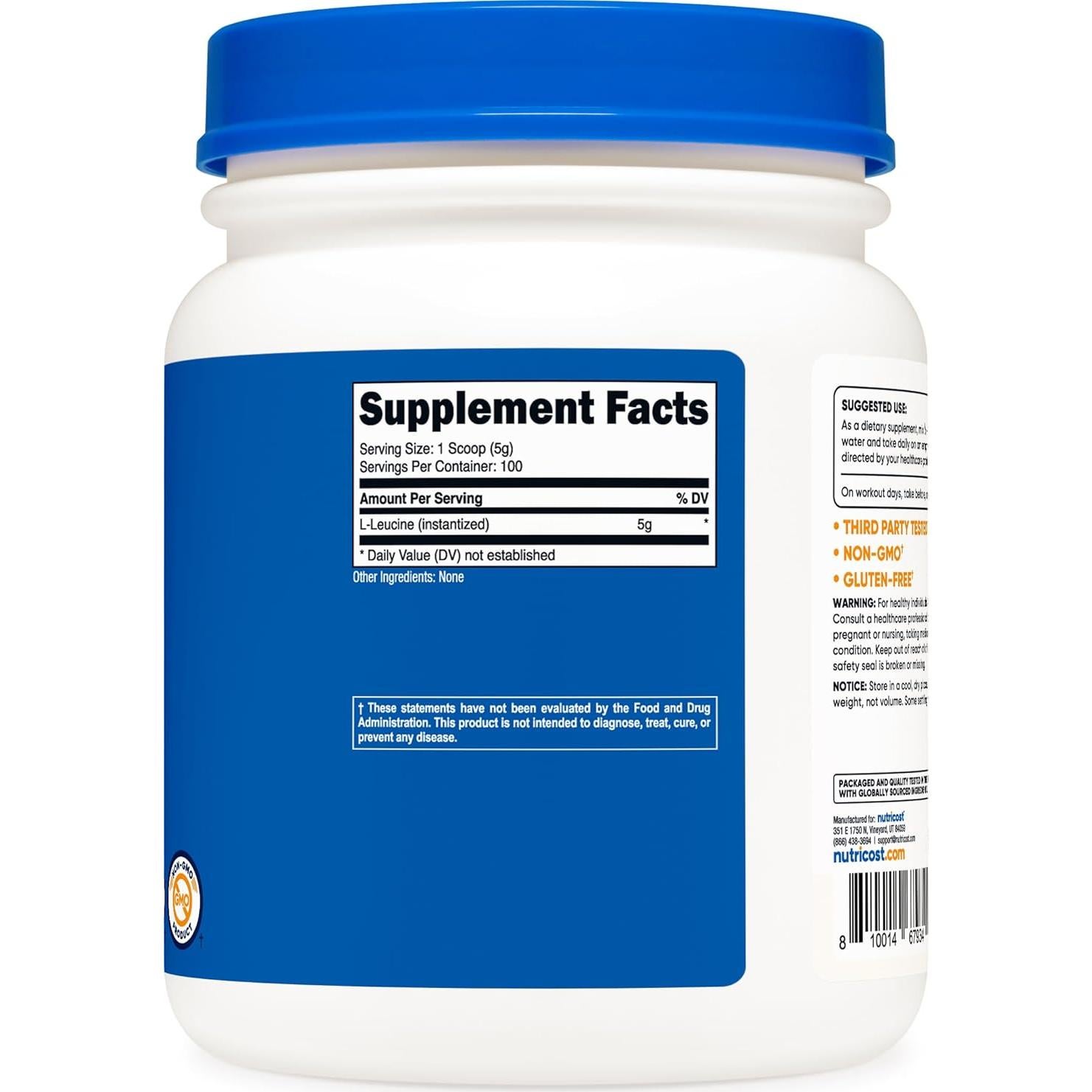 Polvo de L-Leucina Pura Nutricost 500g Sin OGM