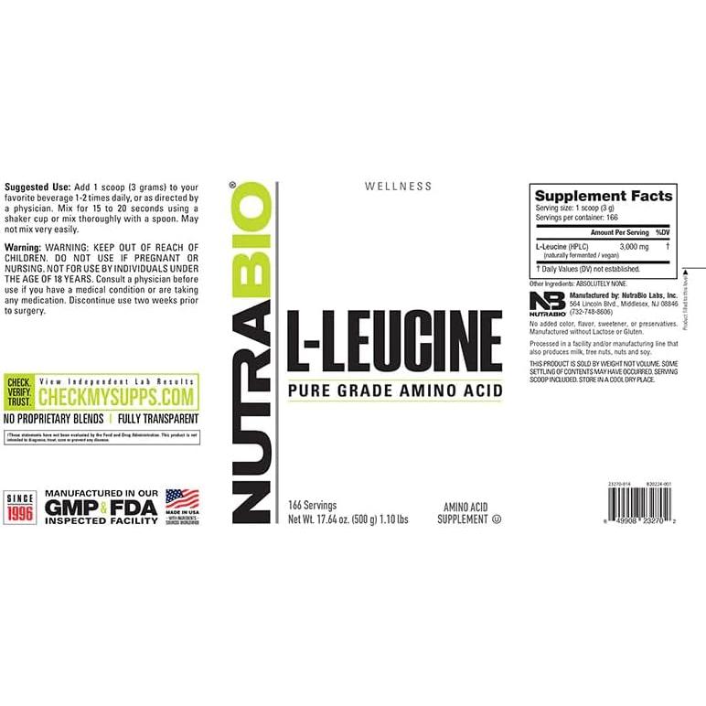 NutraBio L-Leucina 100% Pura - 500g - Vegano y Sin Gluten