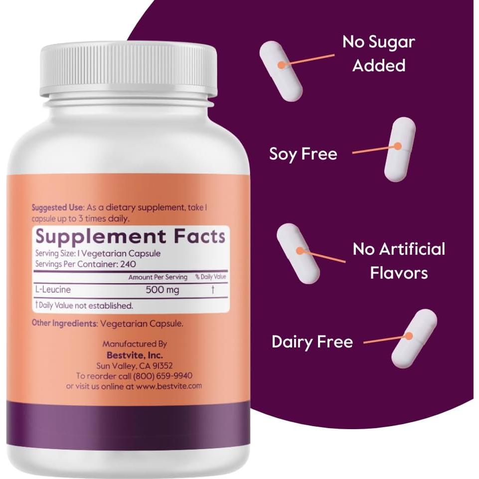 Suplemento de L-Leucina Bestvite 500mg 480 Cápsulas Veganas