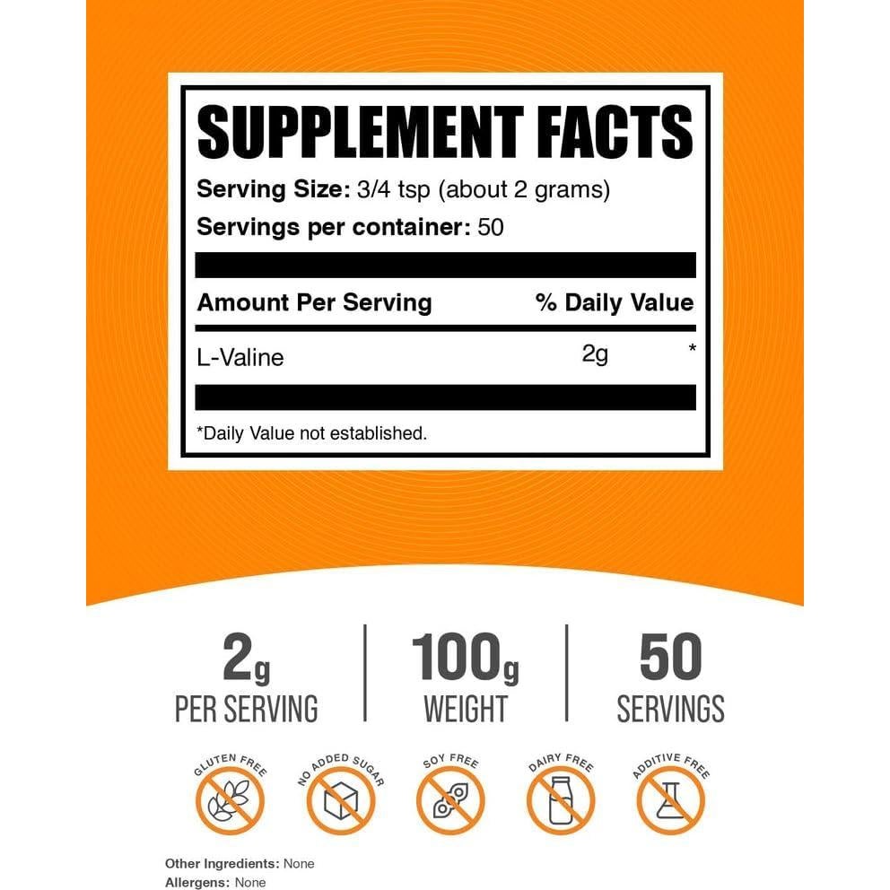 Polvo de L-Valina BulkSupplements 100g - Suplemento Aminoácidos BCAA