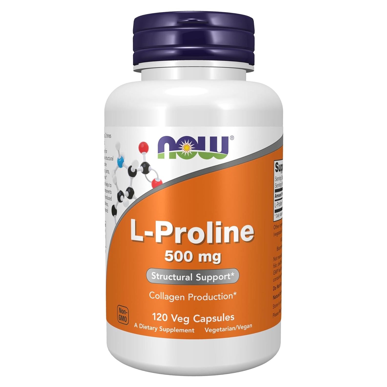 Suplemento L-Prolina 500 mg NOW - 120 Cápsulas Veganas
