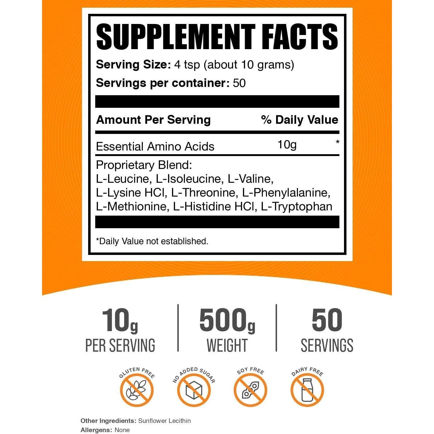 Polvo de Aminoácidos Esenciales BulkSupplements 500g Sin Sabor