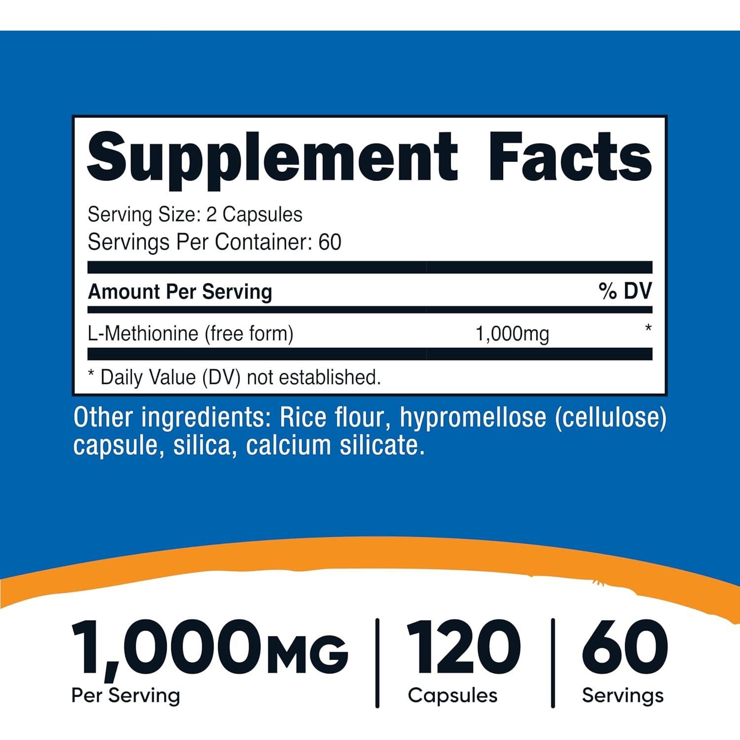 L-Metionina Nutricost 1000 mg 120 Cápsulas Sin Gluten