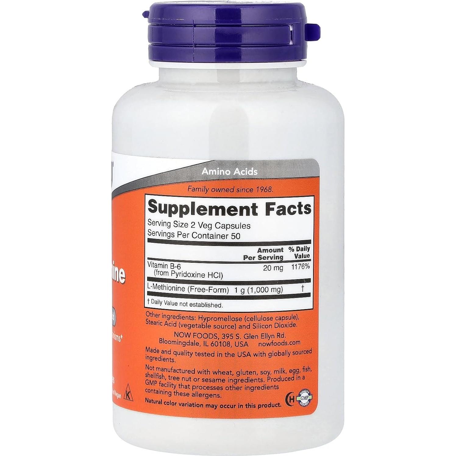L-Metionina 500 mg NOW Foods 100 Cápsulas
