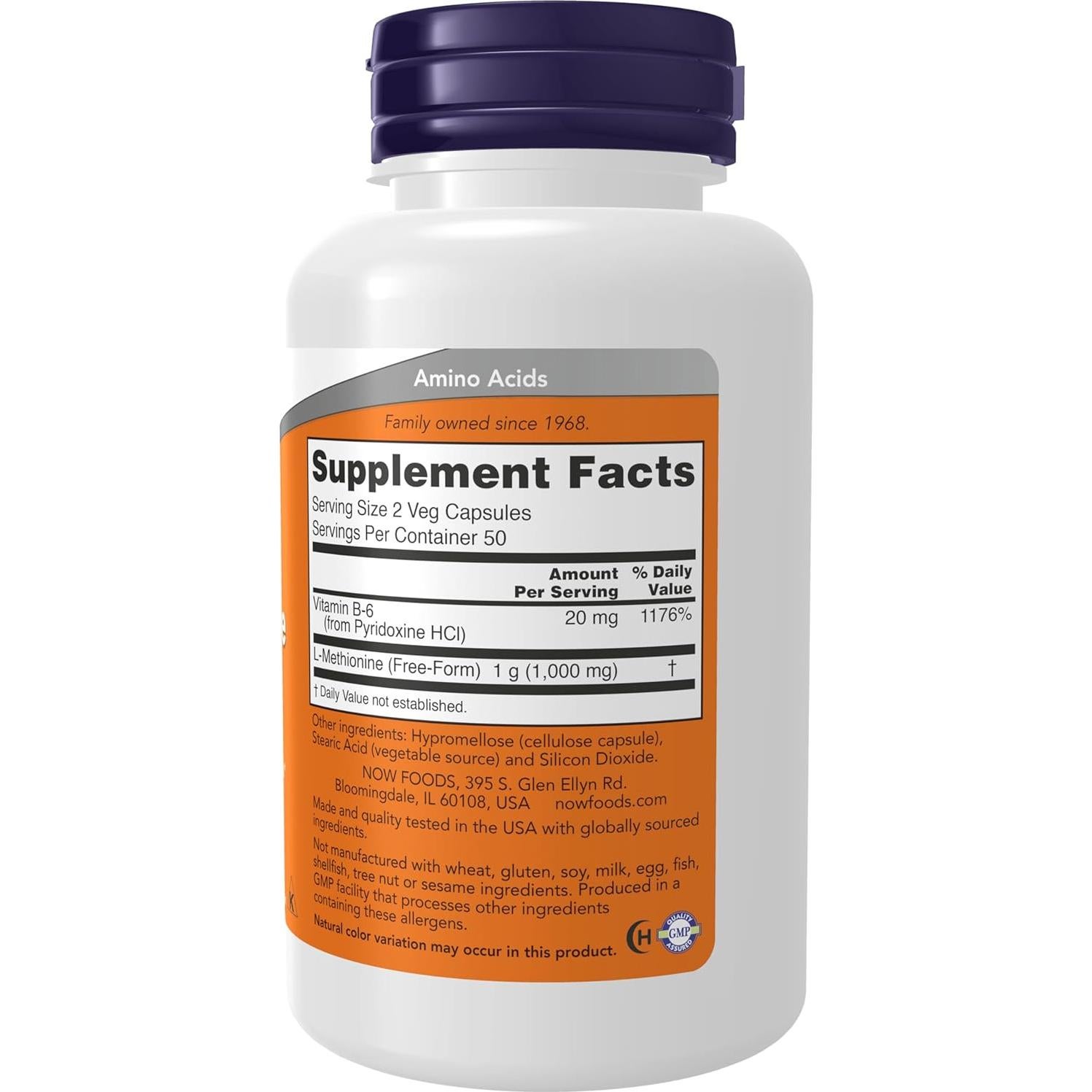Suplemento L-Metionina 500 mg NOW Foods con Vitamina B6 - 100 Cápsulas