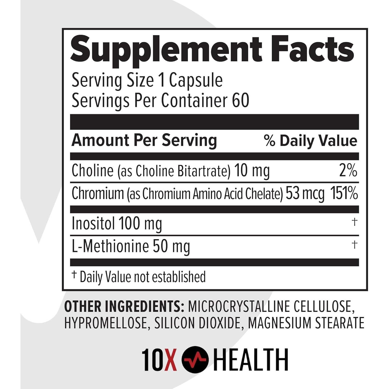 Suplemento de Cromo MIC 10X Health - 60 Cápsulas - Colina e Inositol