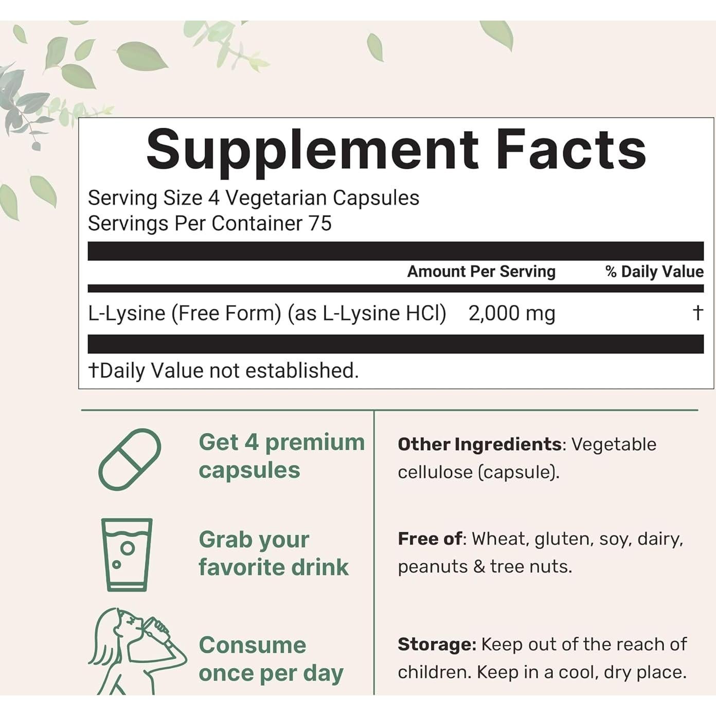 L-Lisina Pura 2000mg 300 Cápsulas Veganas Micro Ingredients