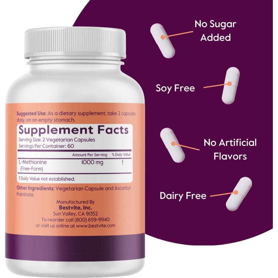 Suplemento L-Metionina 500mg Bestvite 120 Cápsulas Veganas