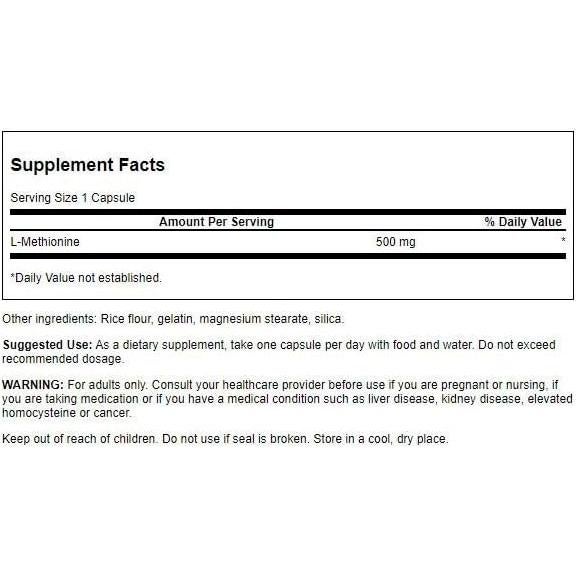 Aminoácido L-Metionina 500mg Swanson 30 Cápsulas