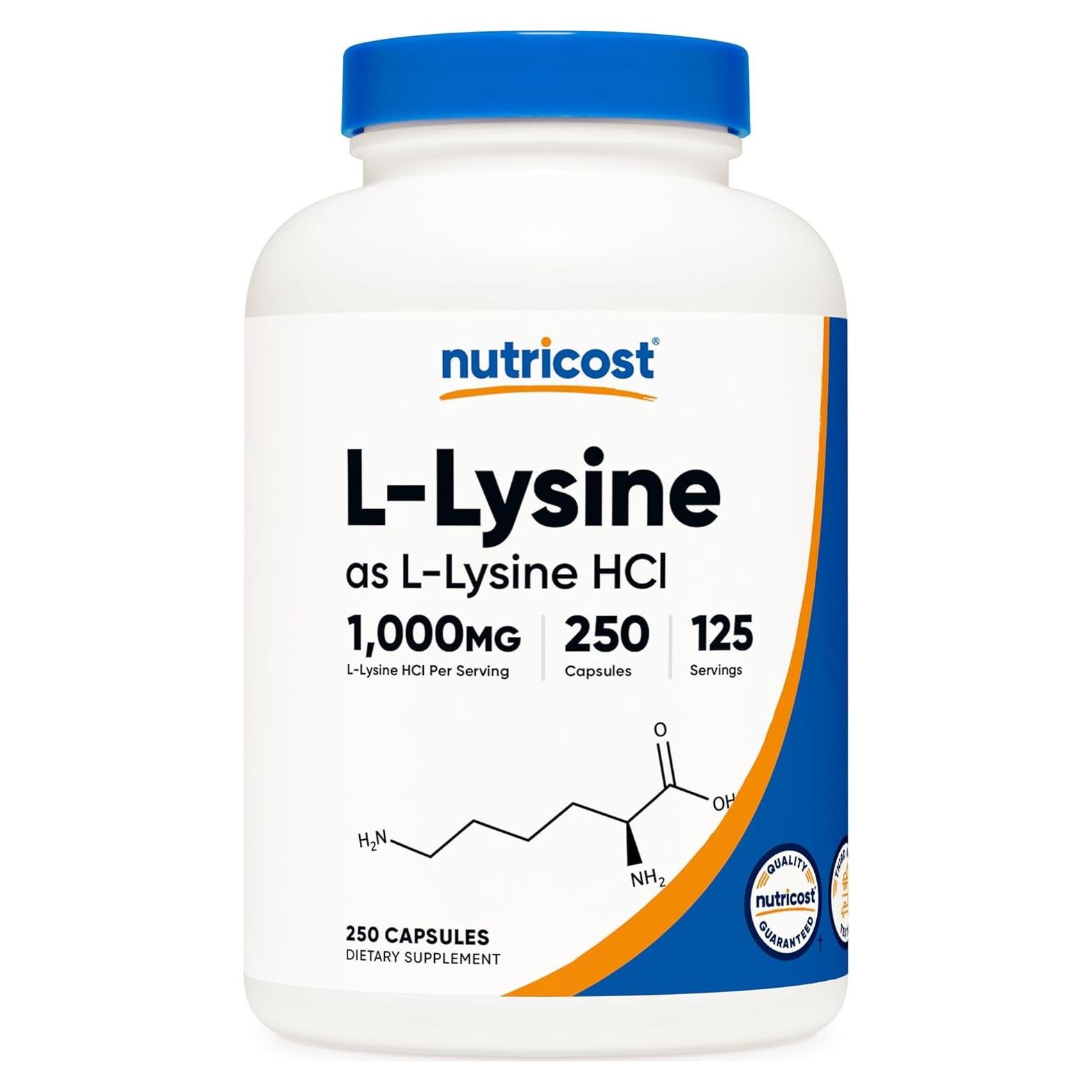 L-Lisina Nutricost 1000mg 250 Cápsulas Sin Gluten
