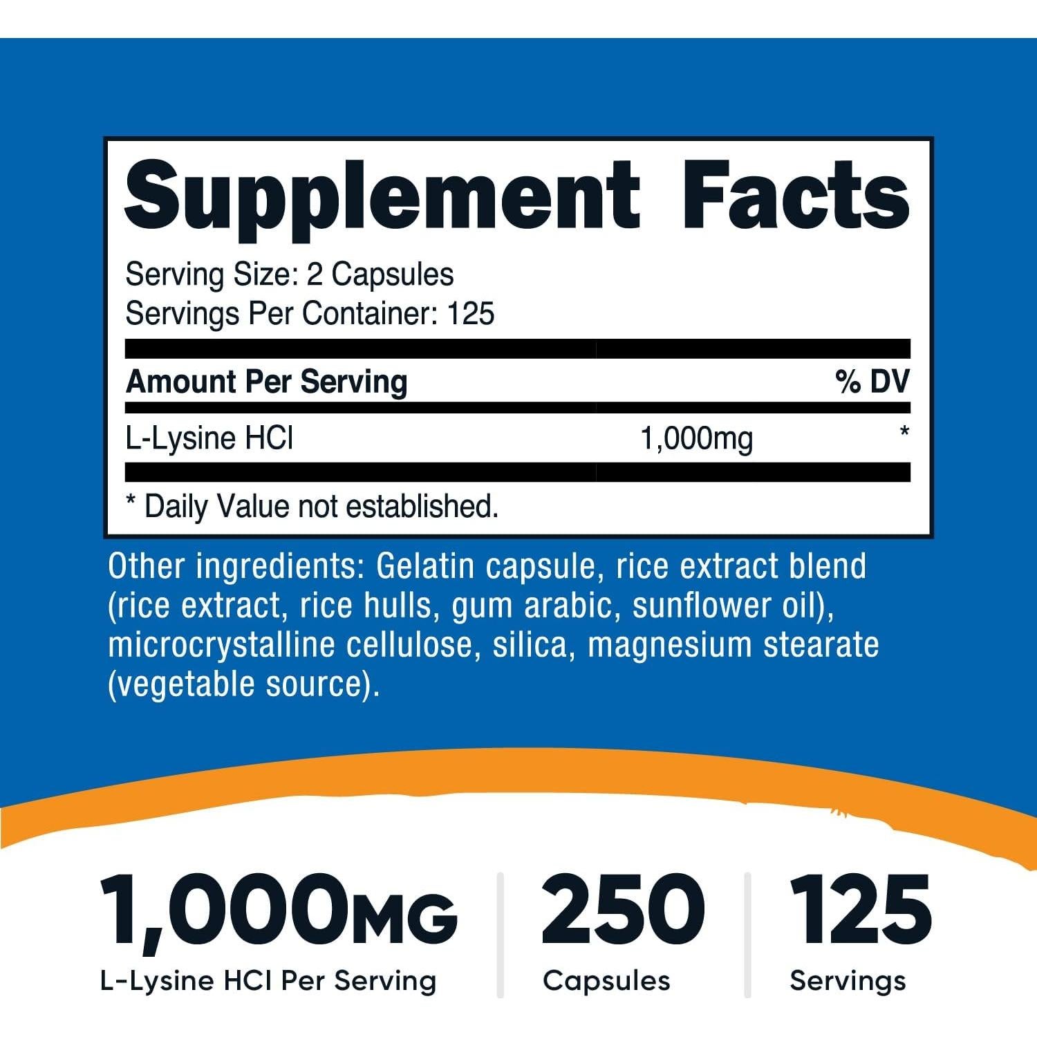 L-Lisina Nutricost 1000mg 250 Cápsulas Sin Gluten
