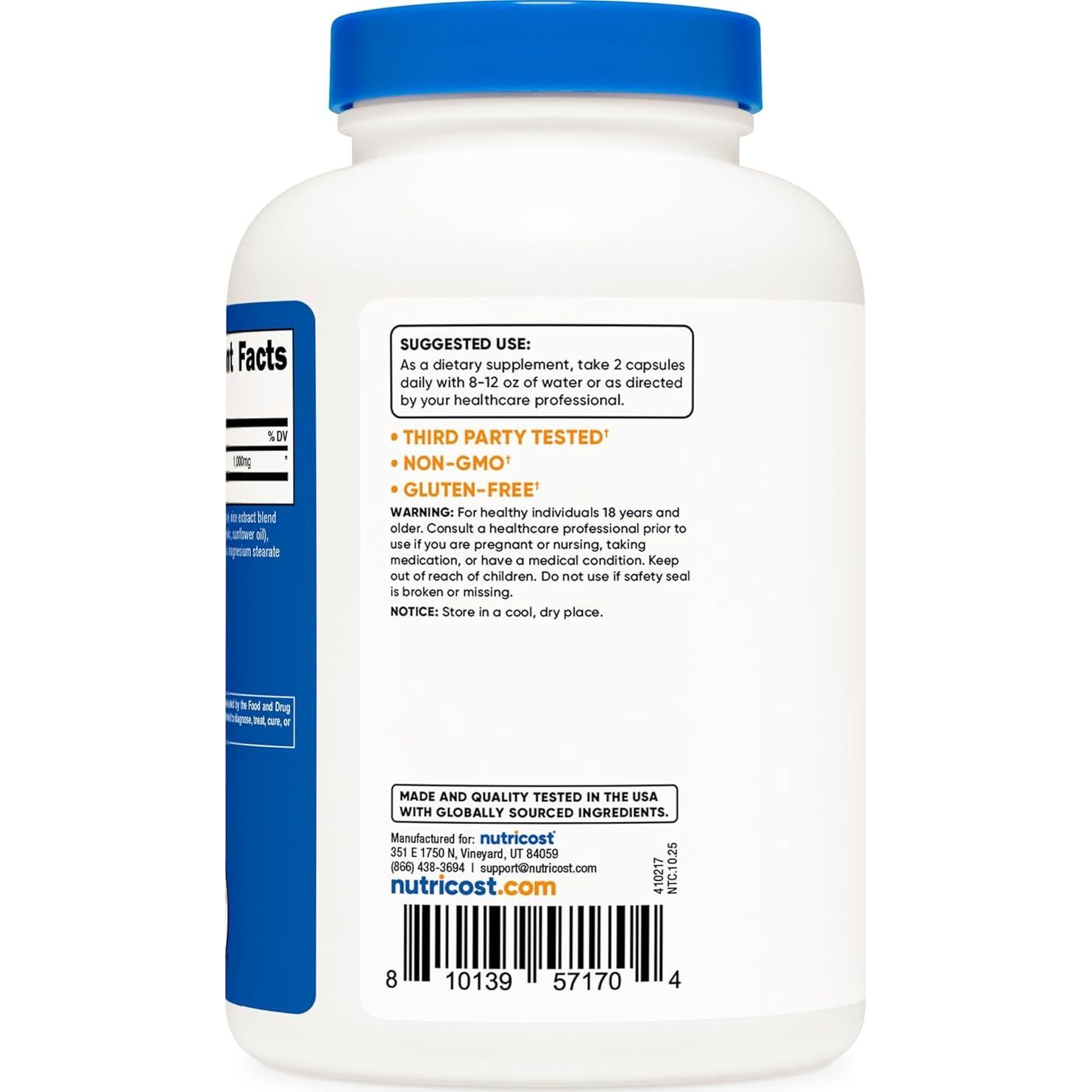L-Lisina Nutricost 1000mg 250 Cápsulas Sin Gluten