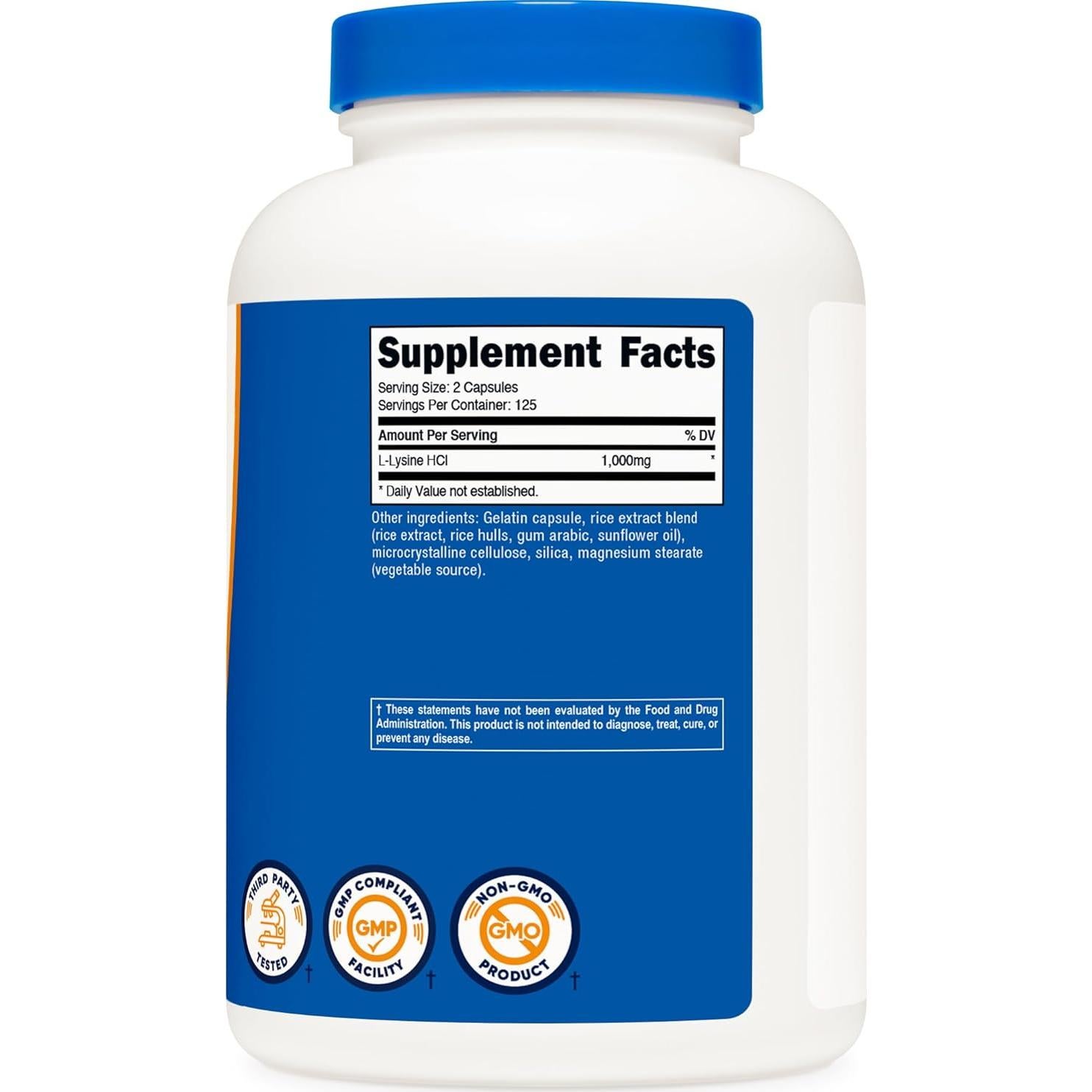 L-Lisina Nutricost 1000mg 250 Cápsulas Sin Gluten